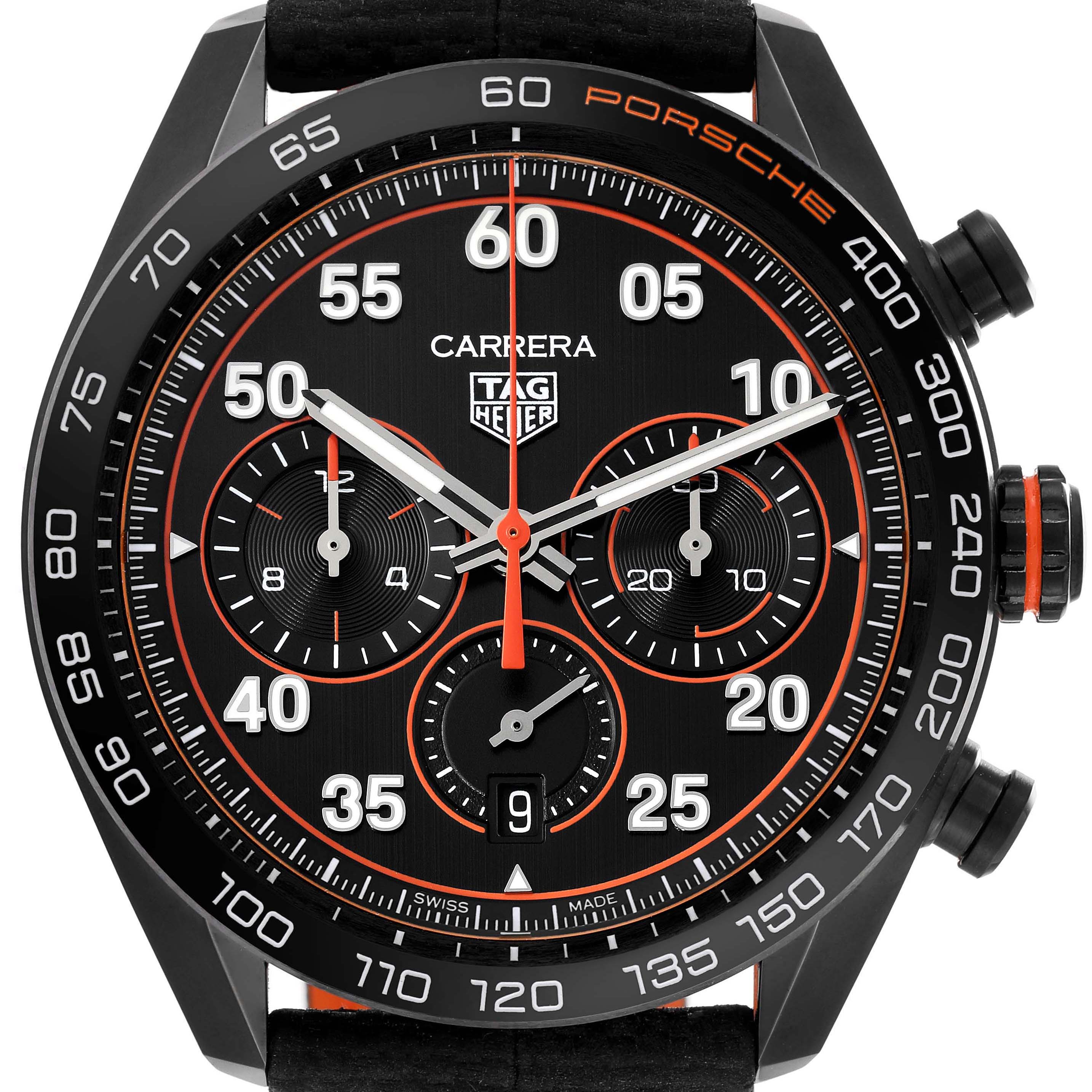 This image shows a front view of the TAG Heuer Carrera Porsche Limited Edition watch, highlighting its chronograph dials and bezel markings.