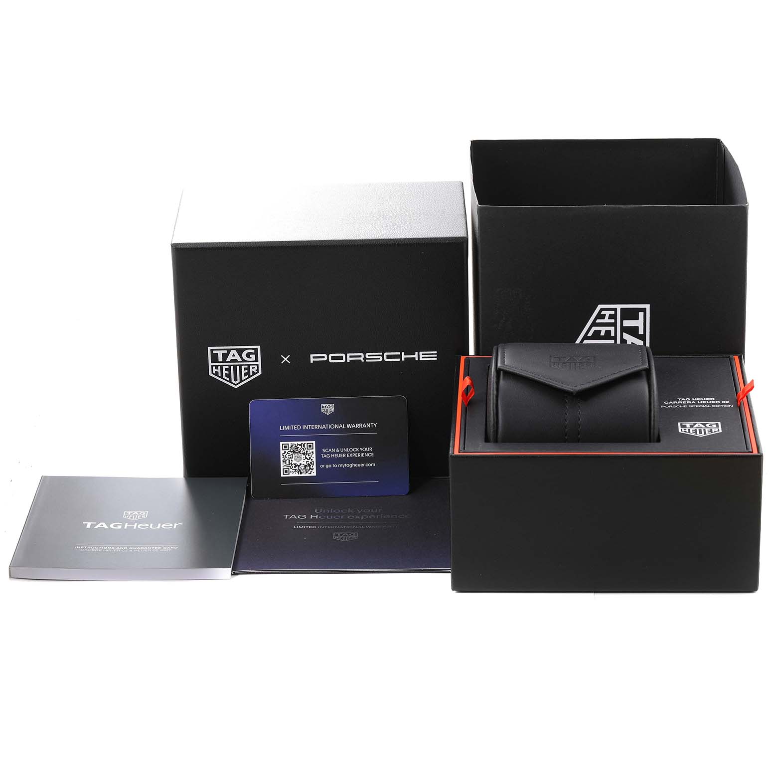 The image shows an unboxed Tag Heuer Limited Edition CBN2A1M.FC6526 Men's Stainless Steel Black Dial CBN2A1M.FC6526 Men's Stainless Steel Black Dial model with the watch case, warranty card, and packaging displayed.