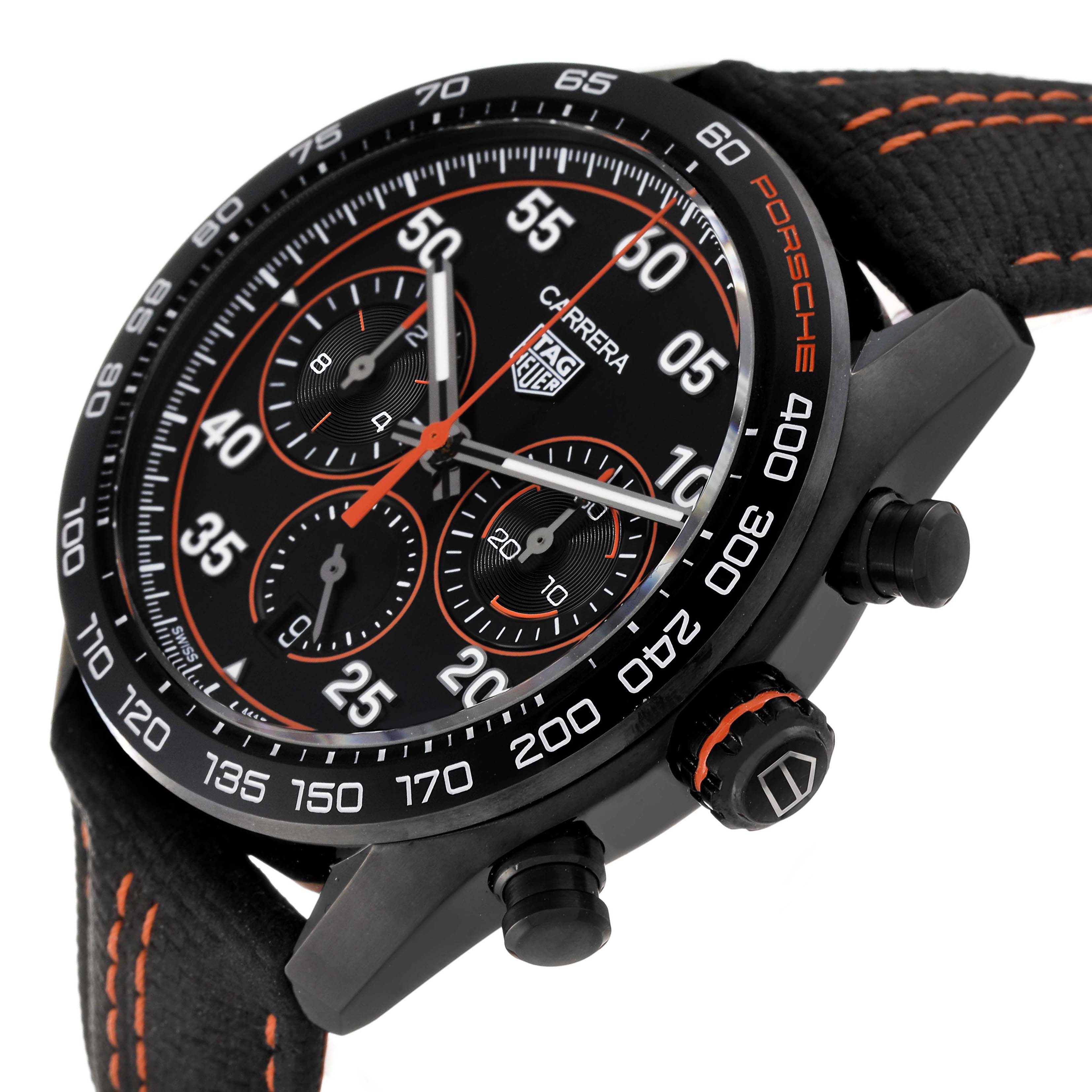 The image showcases a side-front angle of the Tag Heuer Carrera Limited Edition watch, highlighting its dial, bezel, and chronograph buttons.