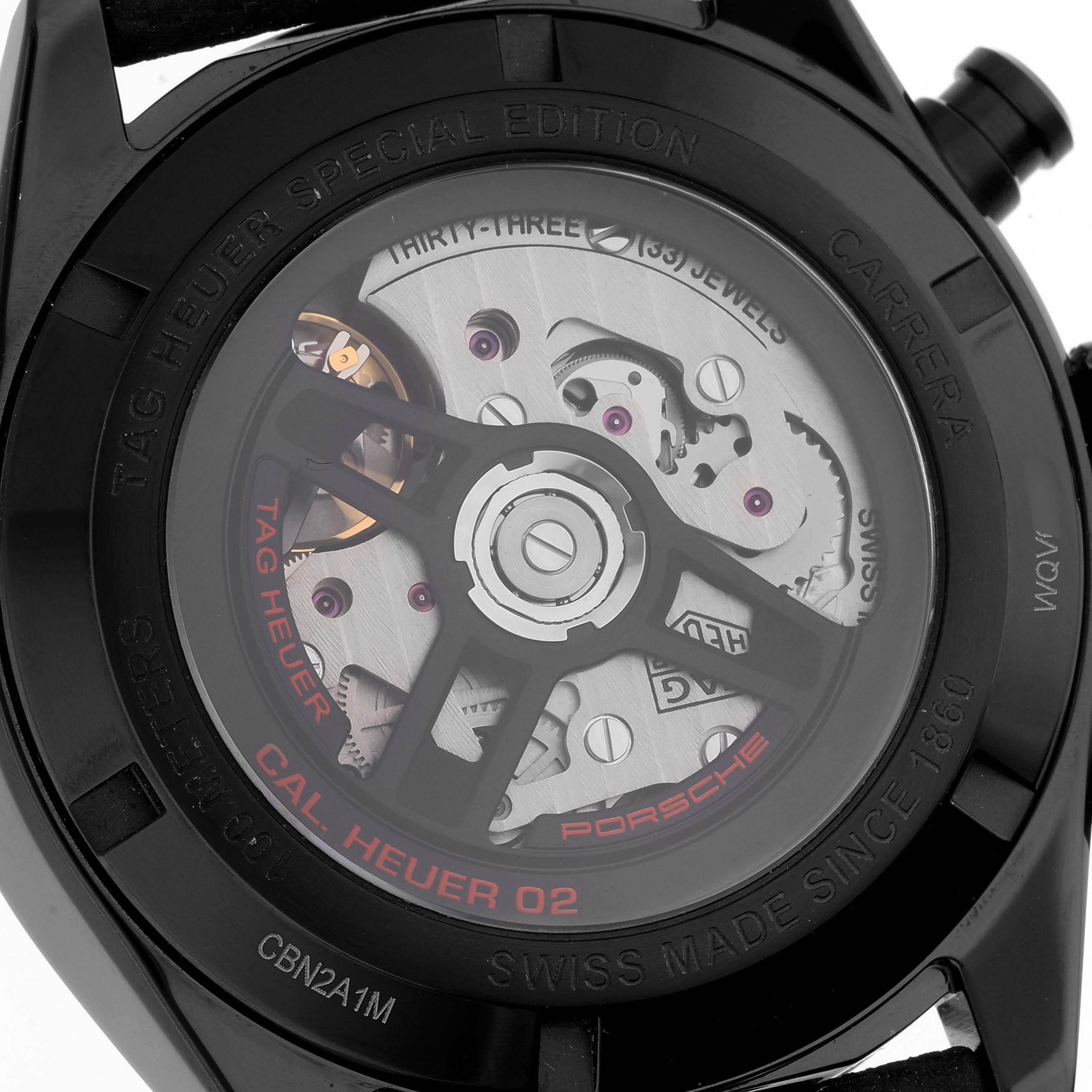 This image shows the back of the Tag Heuer Carrera Limited Edition watch, highlighting its intricate internal mechanics.