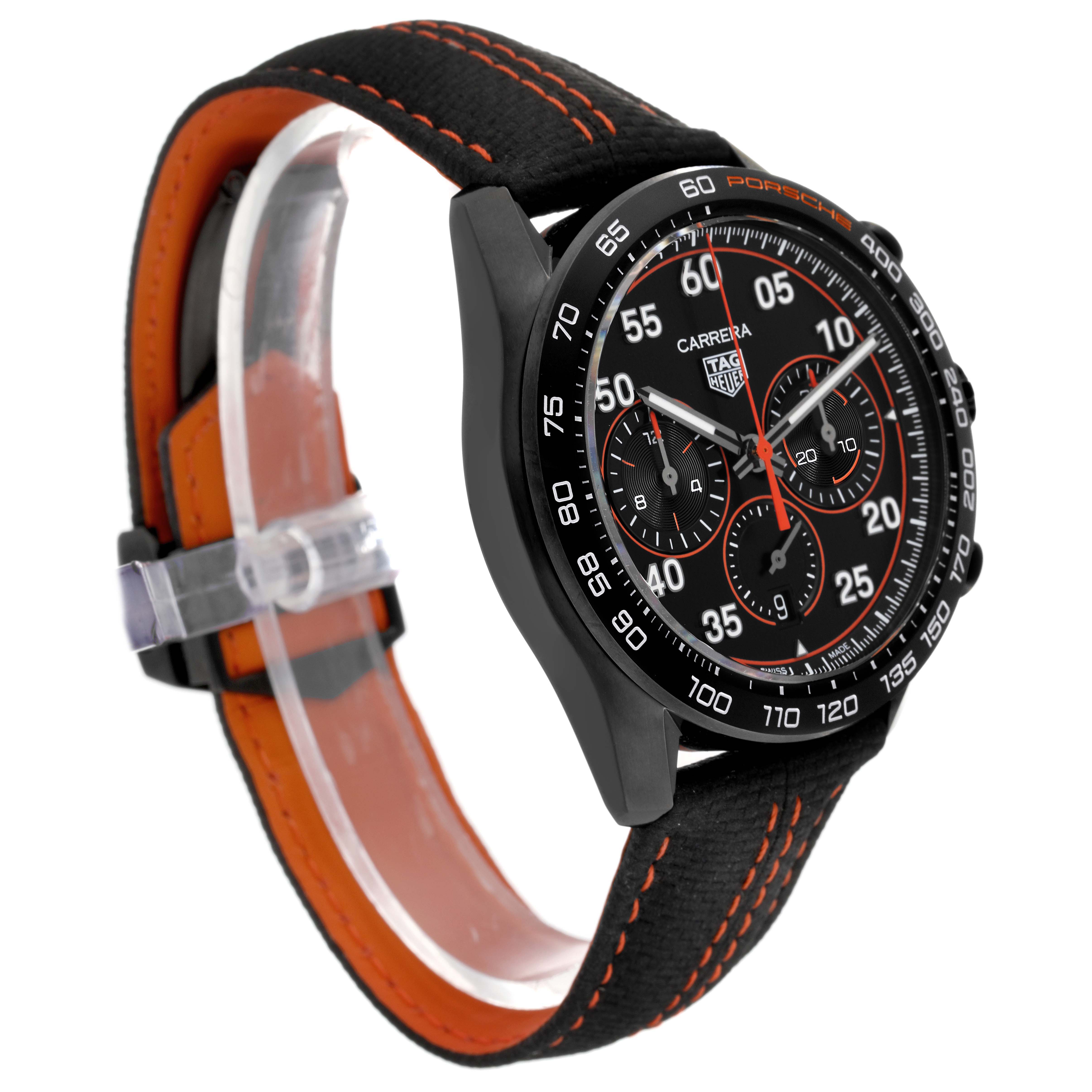 This image shows a side angle of the Tag Heuer Carrera Limited Edition watch, showcasing the dial, bezel, and strap.