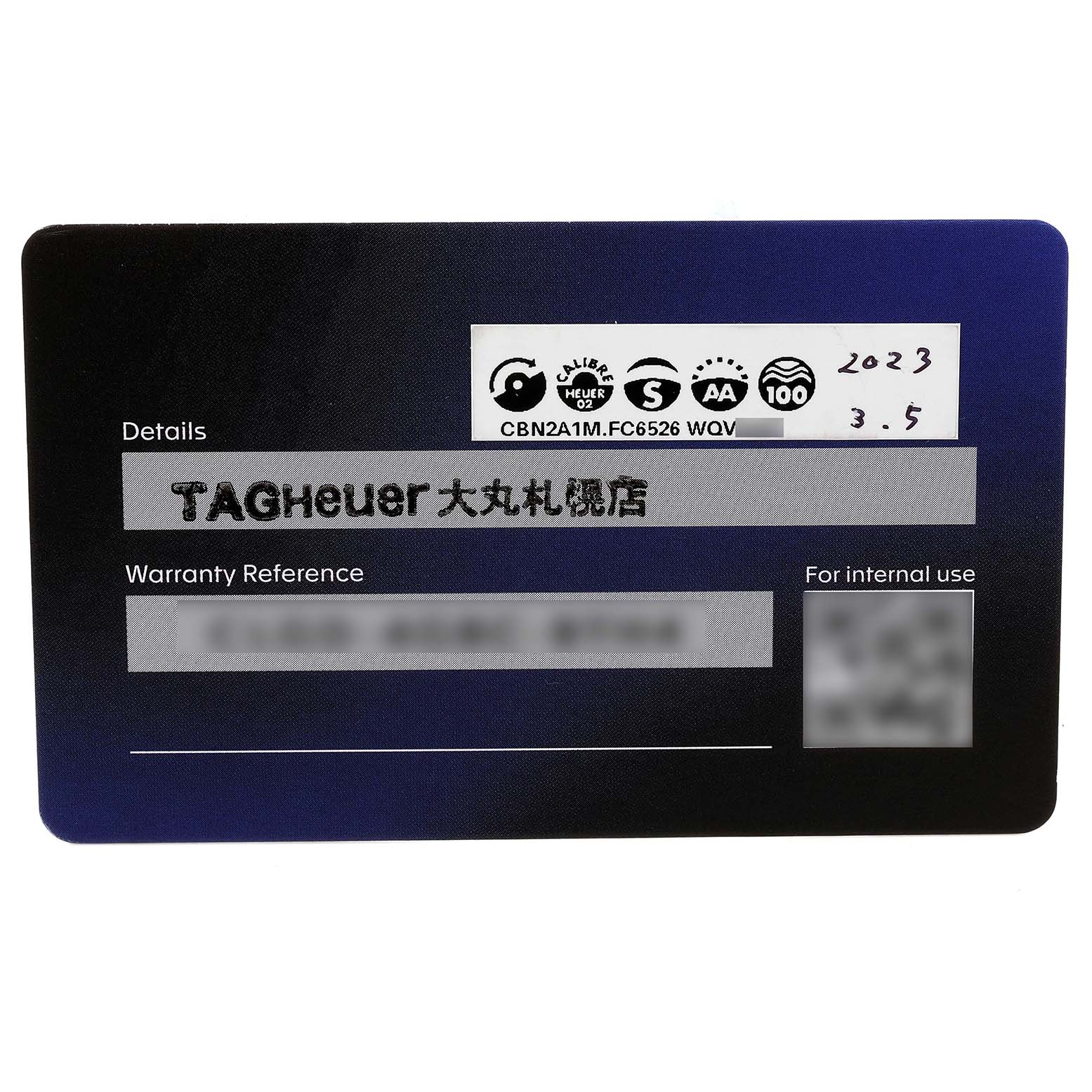 This is the warranty card for the Tag Heuer Limited Edition CBN2A1M.FC6526 Men's Stainless Steel Black Dial CBN2A1M.FC6526 Men's Stainless Steel Black Dial model CBN2A1M.FC6526.