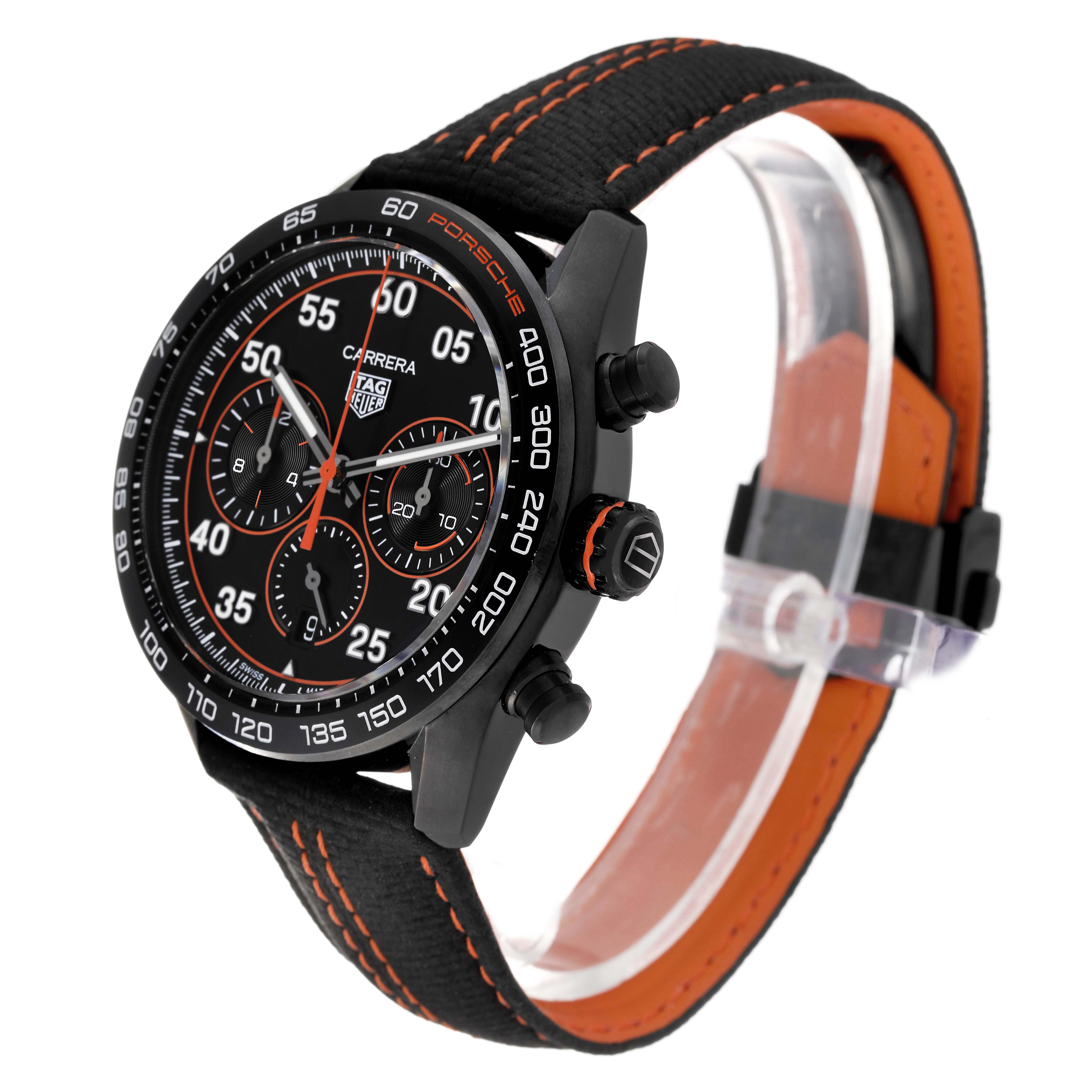 The image shows a side and front view of the Tag Heuer Carrera Limited Edition watch featuring a black dial and orange accents.