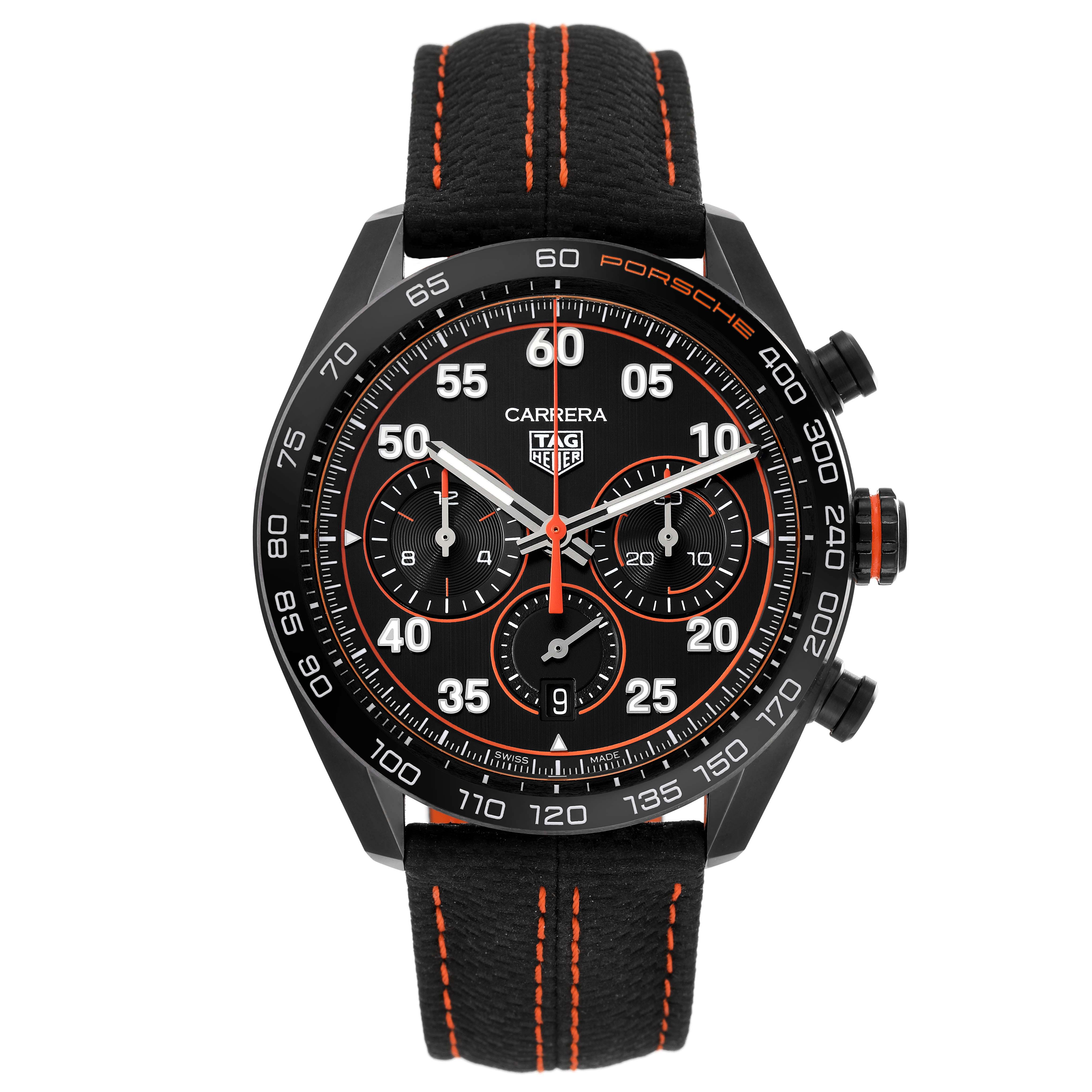 The image shows a Tag Heuer Carrera Limited Edition watch, displaying the front face with a black dial and black strap.
