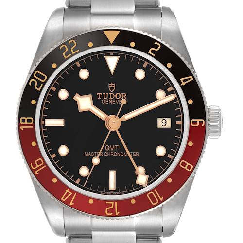 The Tudor Heritage Black Bay M7939G1A0NRU Men's Stainless Steel Black Dial watch is shown from the front, displaying its face, bezel, and part of the stainless steel bracelet.