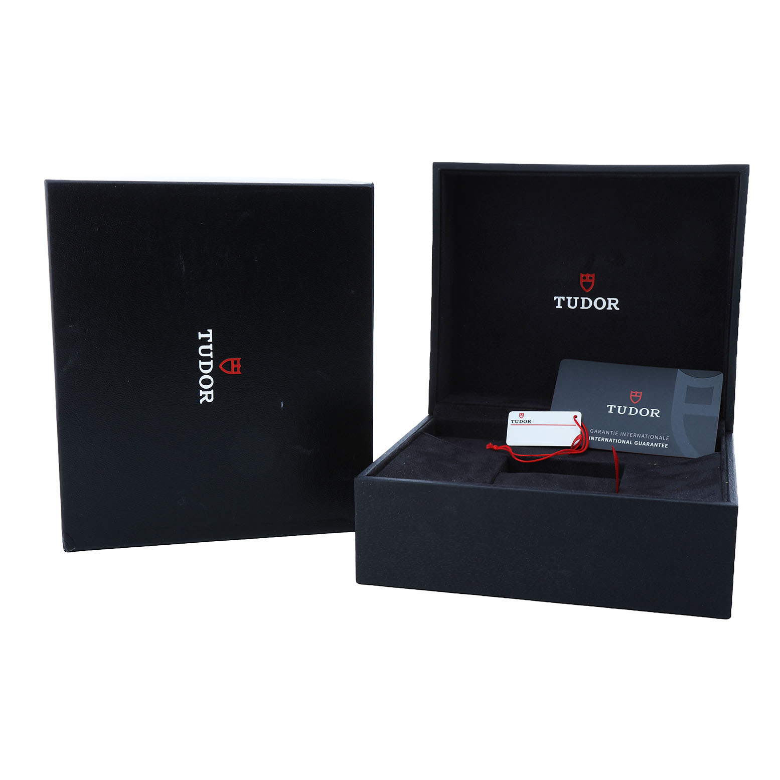 The image shows the open box, warranty card, and accessories for the Tudor Heritage Black Bay 79363N Men's Steel and Gold (two tone) Black Dial watch.