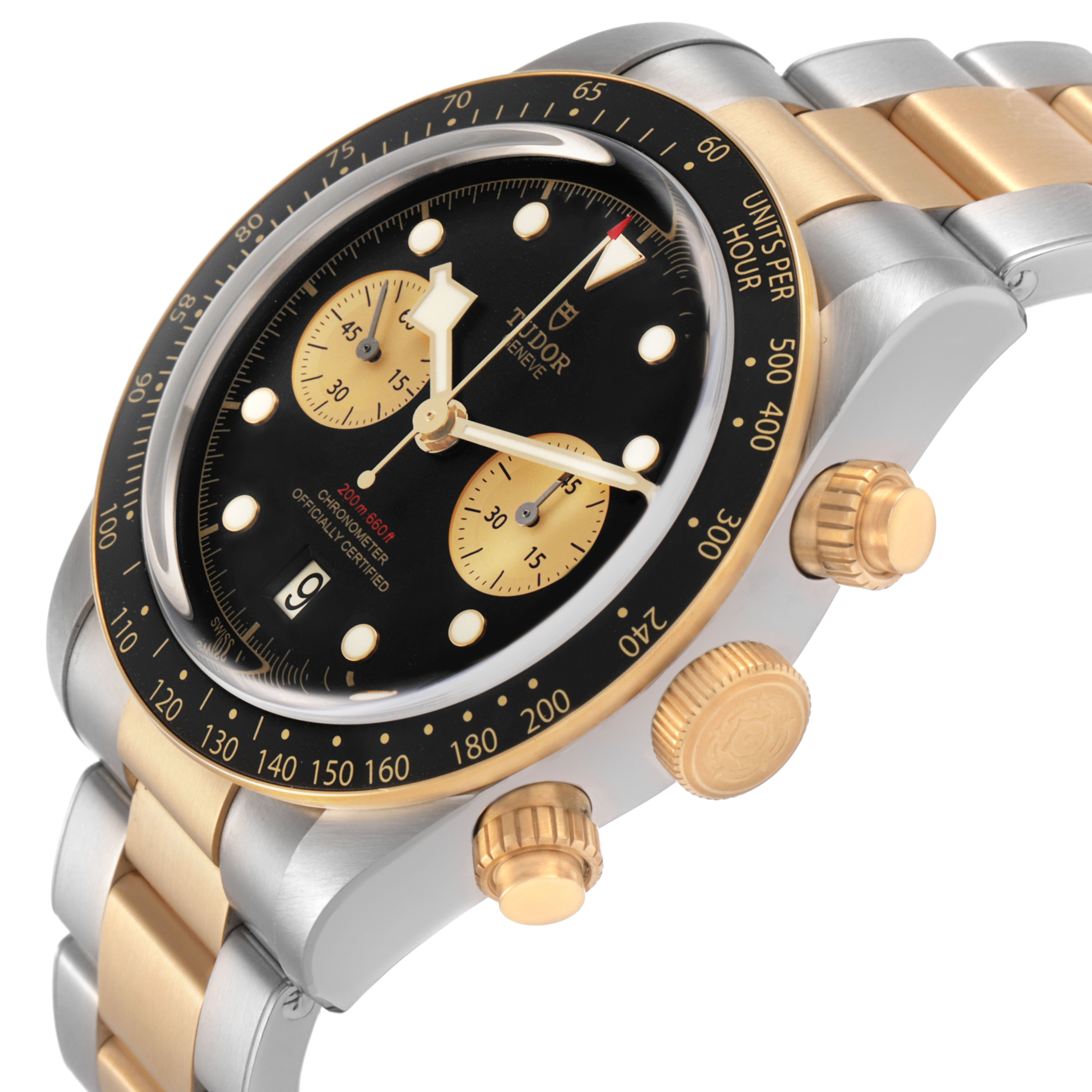 The Tudor Heritage Black Bay 79363N Men's Steel and Gold (two tone) Black Dial watch is shown at an angle displaying the bezel, crown, pushers, and part of the bracelet.