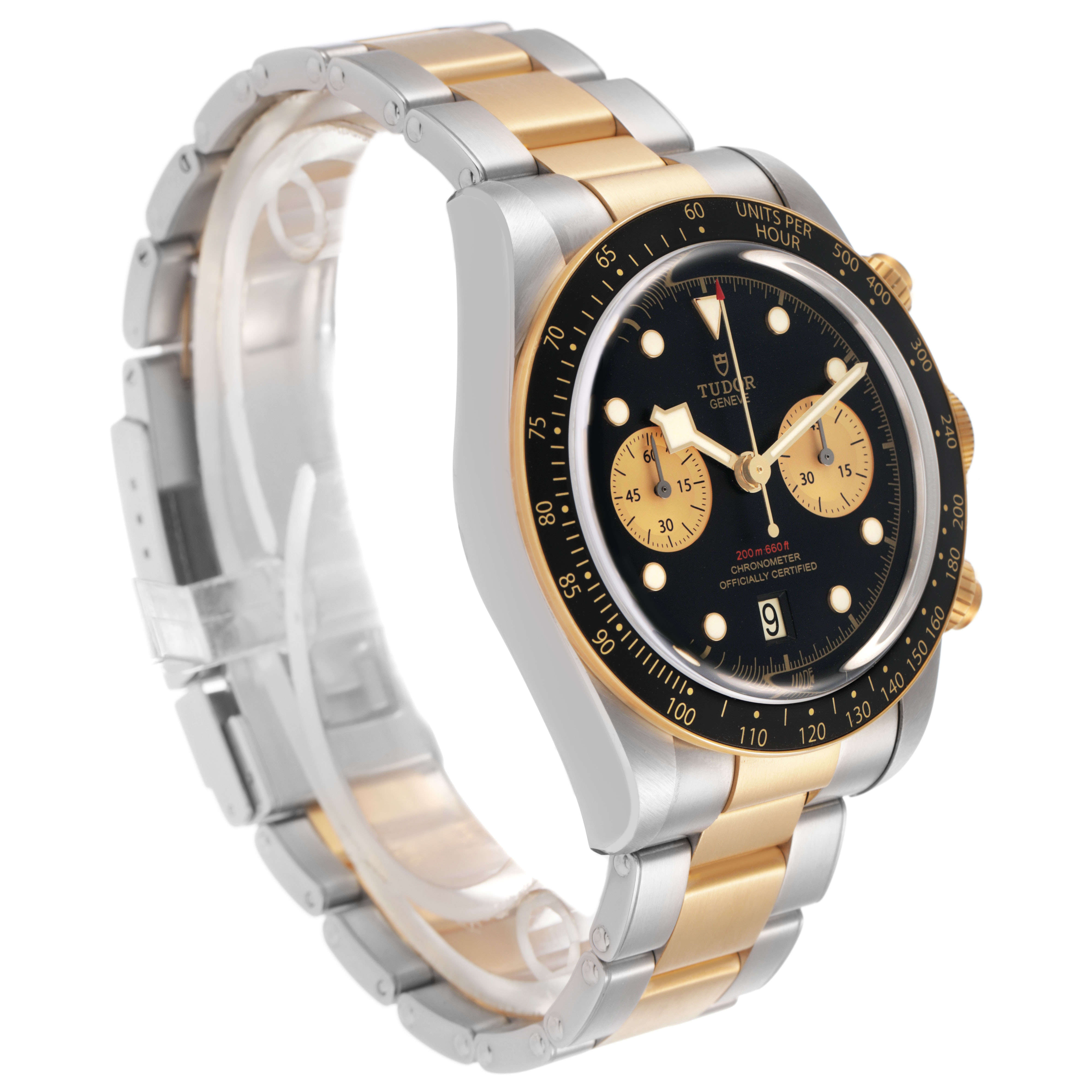 The image shows the Tudor Heritage Black Bay 79363N Men's Steel and Gold (two tone) Black Dial watch at a three-quarter angle, highlighting the dial, bezel, case, and bracelet.