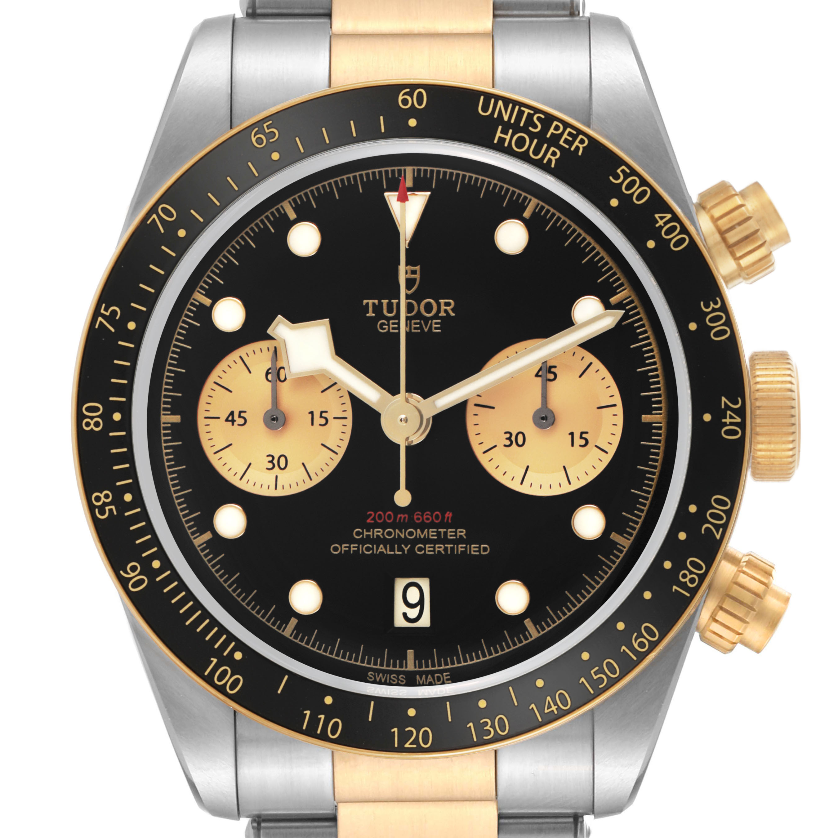 The Tudor Heritage Black Bay 79363N Men's Steel and Gold (two tone) Black Dial watch is shown from the front, highlighting the dial, bezel, and pushers.