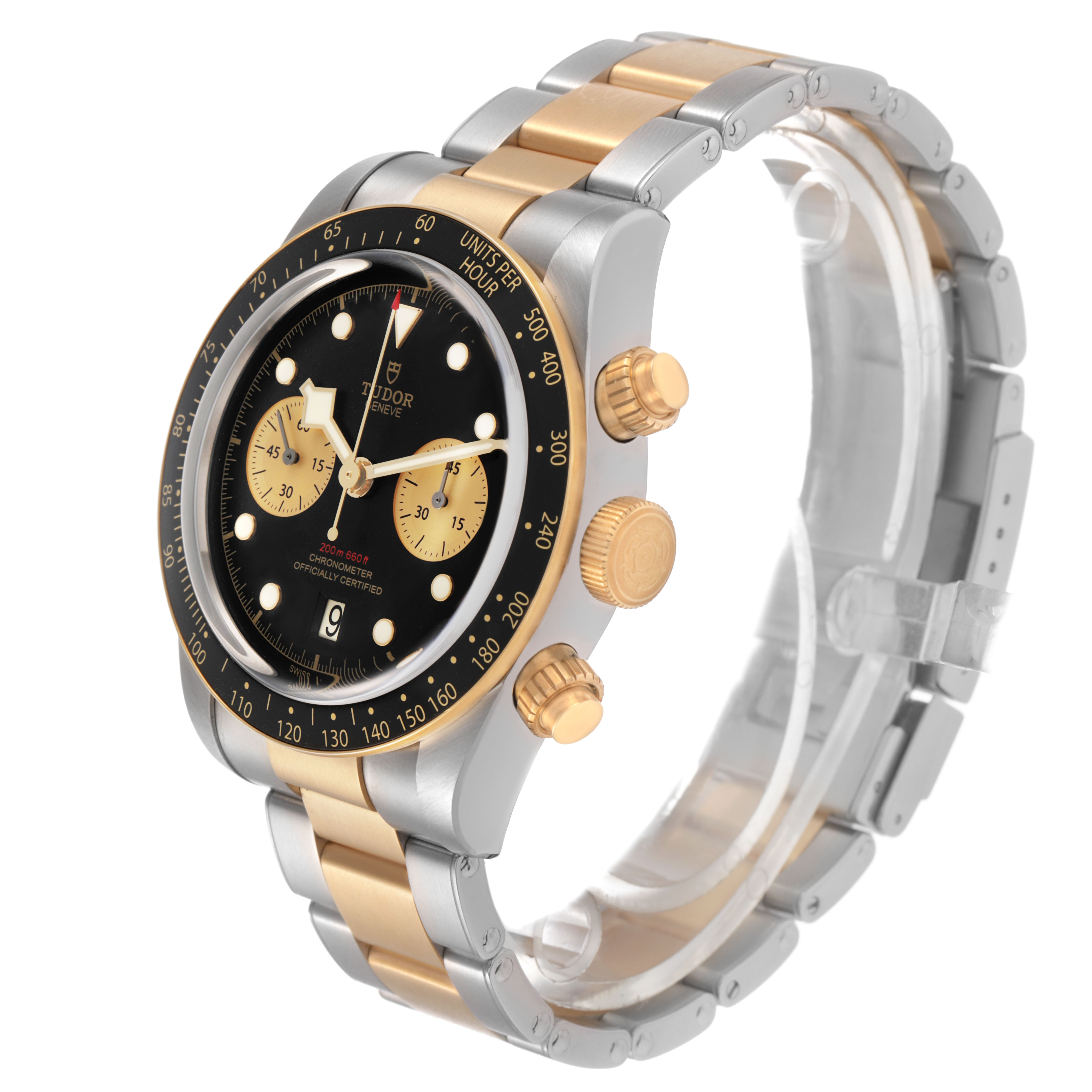 The Tudor Heritage Black Bay 79363N Men's Steel and Gold (two tone) Black Dial watch is shown from a three-quarter angle displaying the face, bezel, and part of the two-tone bracelet.