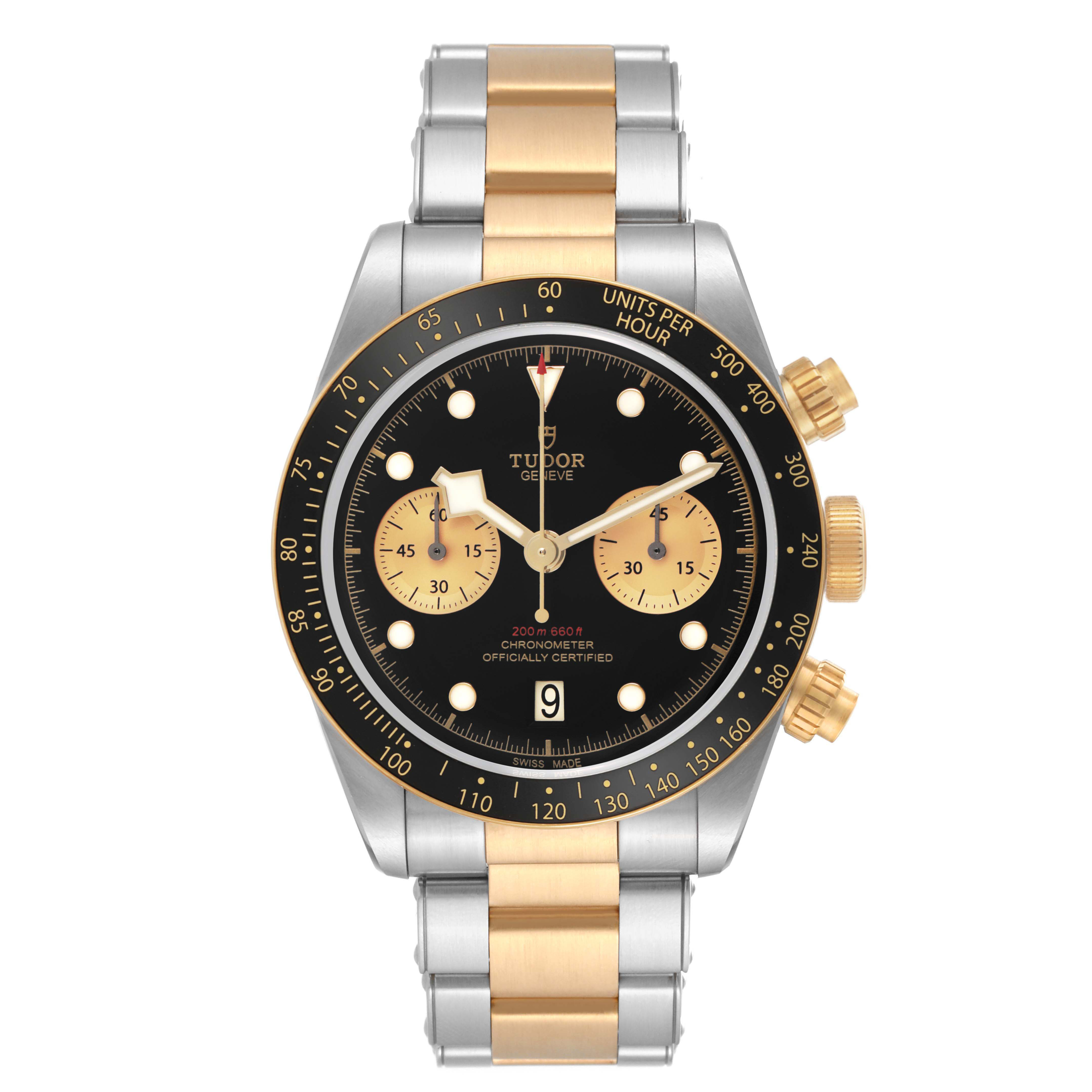 The Tudor Heritage Black Bay 79363N Men's Steel and Gold (two tone) Black Dial watch is shown front-facing, highlighting the dial, bezel, and bracelet.