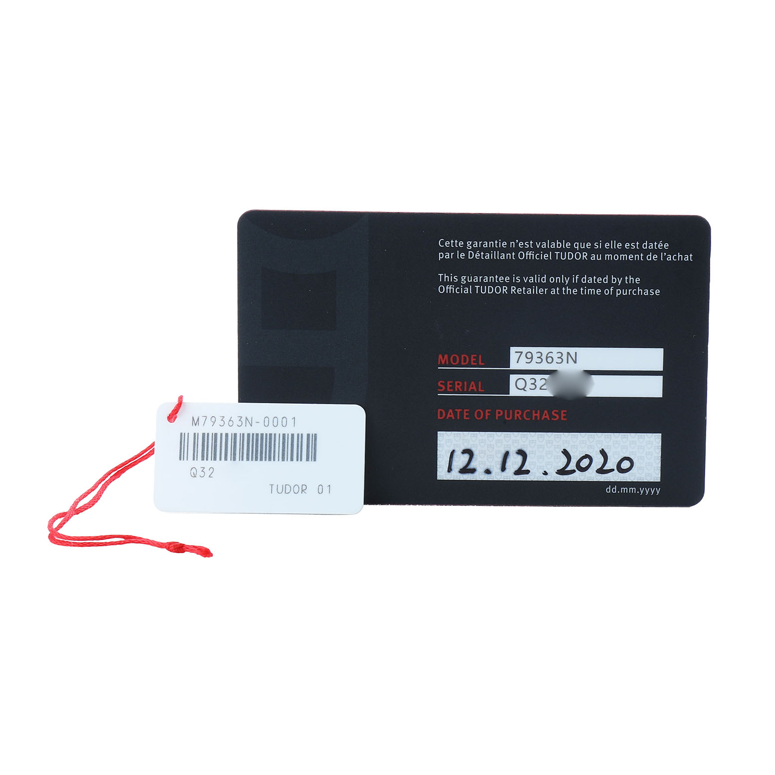 The image shows warranty cards for a Tudor Heritage Black Bay 79363N Men's Steel and Gold (two tone) Black Dial watch.