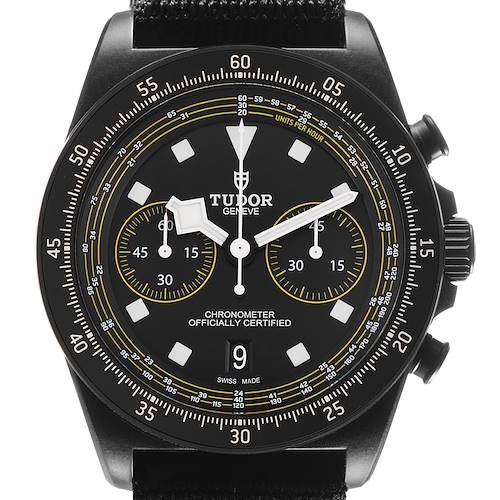 The image shows a front view of the Tudor Pelagos 25827KNJN Men's Titanium Black Dial model watch, highlighting its dial, subdials, and bezel.