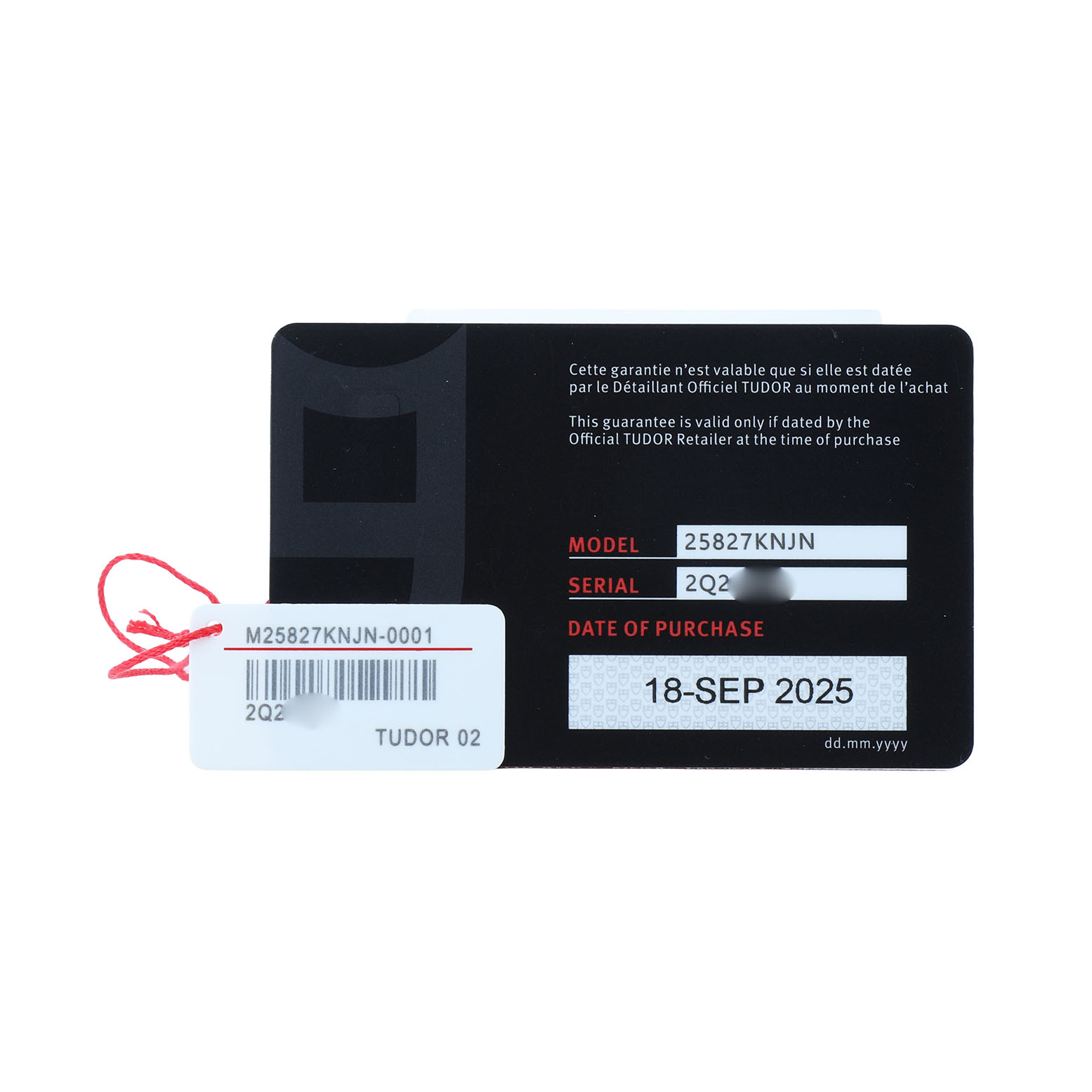 The image shows the warranty card and tag for the Tudor Pelagos 25827KNJN Men's Titanium Black Dial model, featuring model and serial number details.