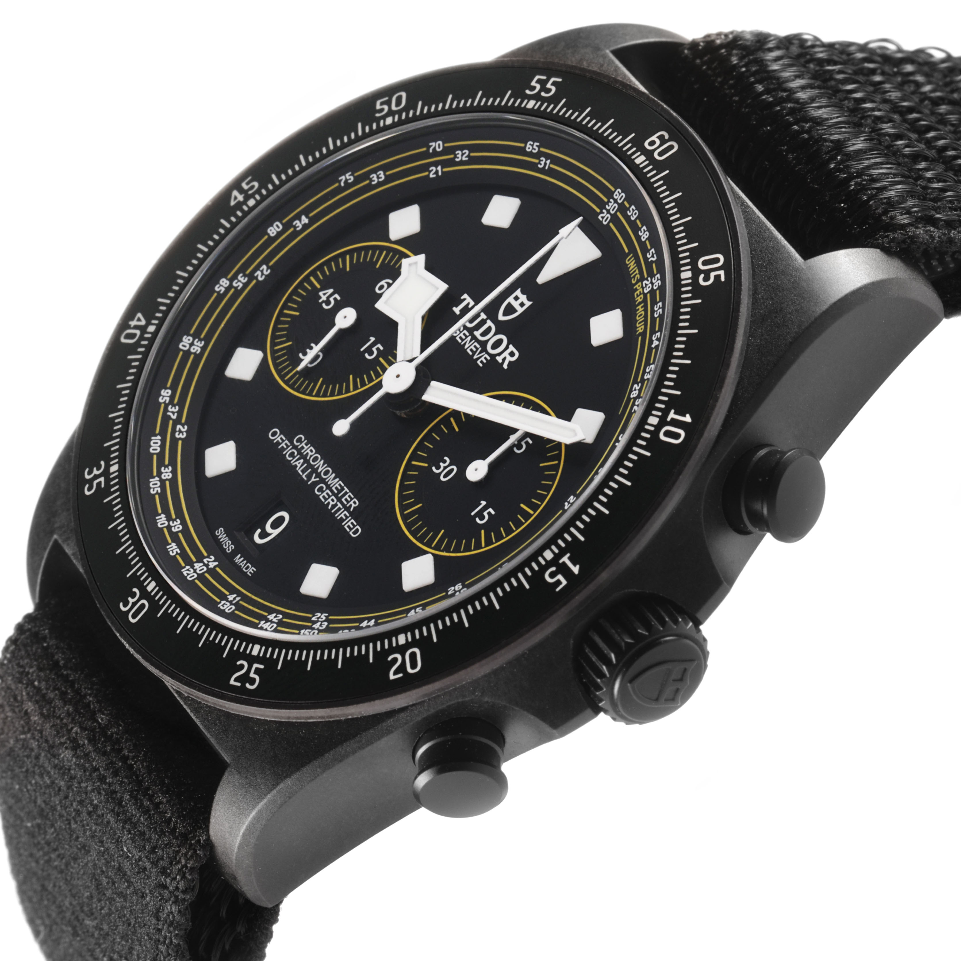 The Tudor Pelagos 25827KNJN Men's Titanium Black Dial is shown from a side angle highlighting the dial, bezel, and strap attachment.