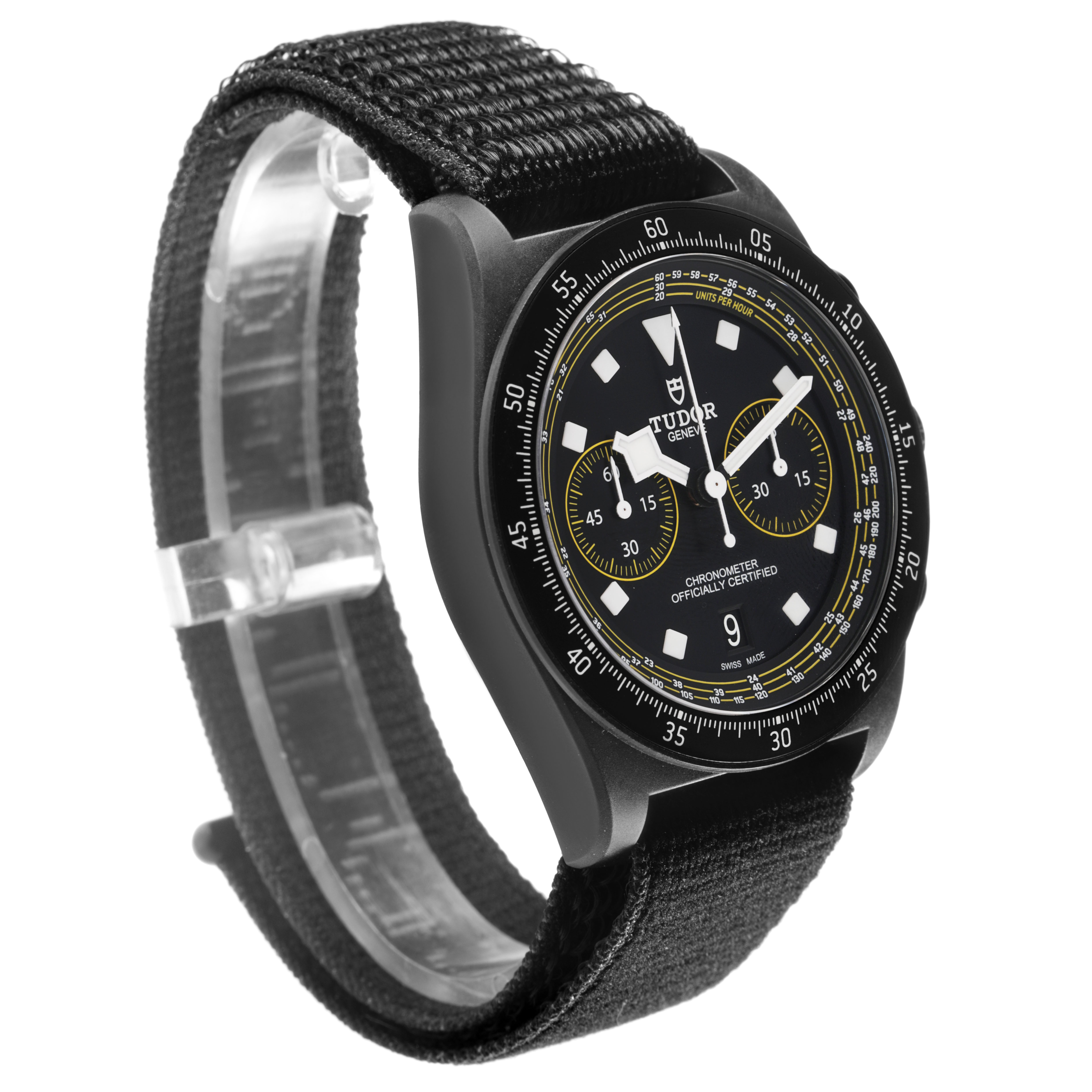 The Tudor Pelagos 25827KNJN Men's Titanium Black Dial watch is shown from a side angle, displaying its black dial, bezel, and fabric strap.