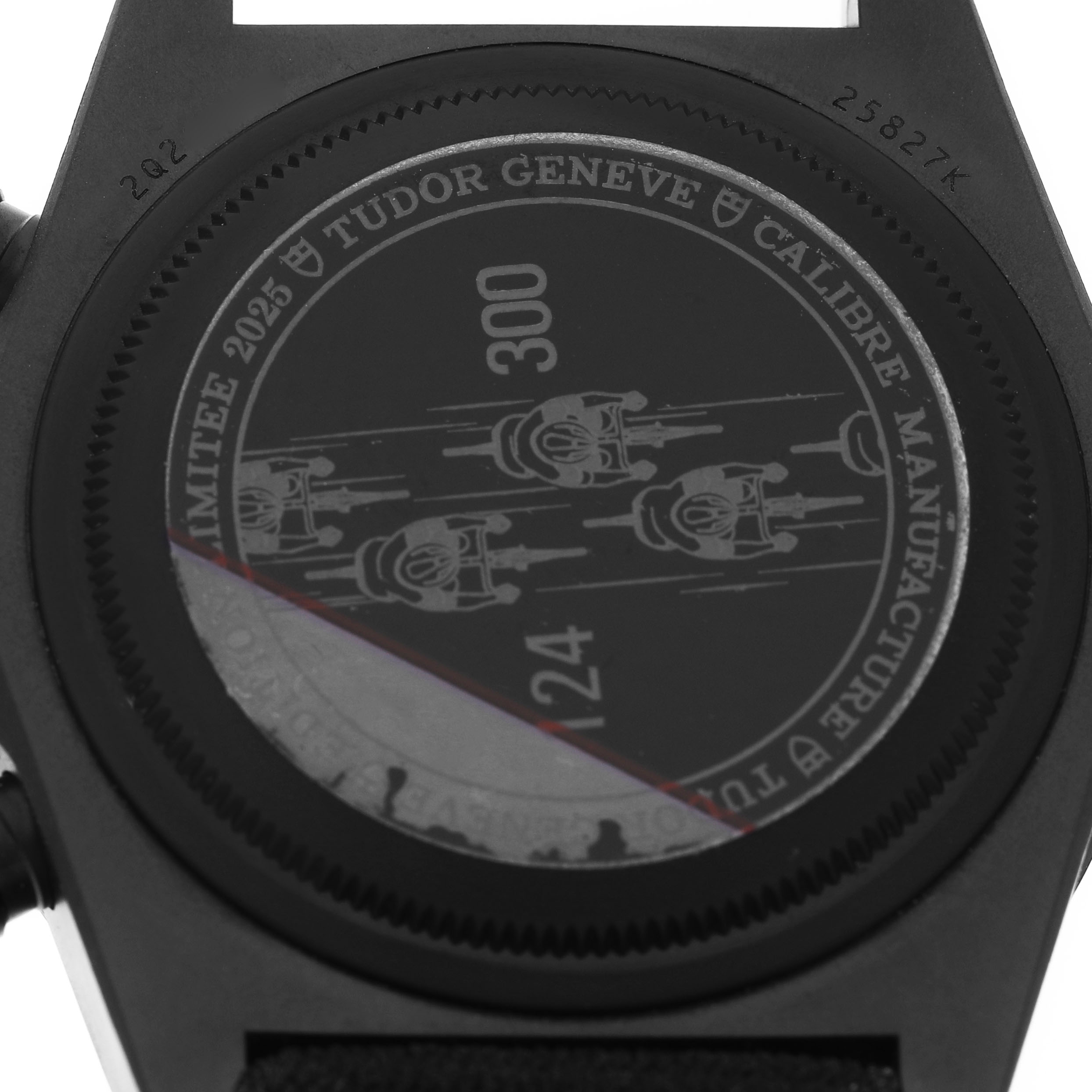 The image shows the back of the Tudor Pelagos 25827KNJN Men's Titanium Black Dial watch, displaying engravings and markings.