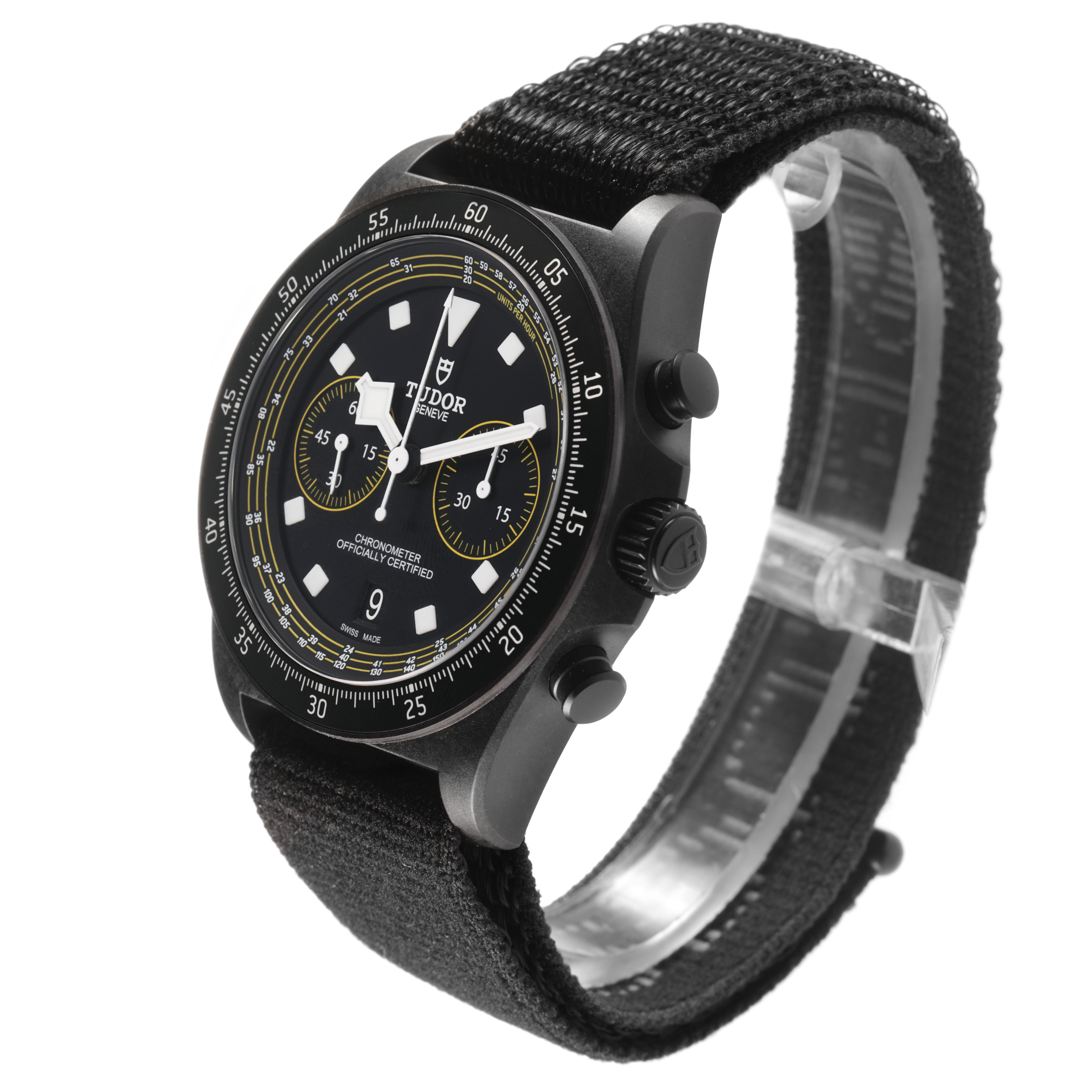 The Tudor Pelagos 25827KNJN Men's Titanium Black Dial watch is shown at a three-quarter angle, displaying the face, bezel, and strap.