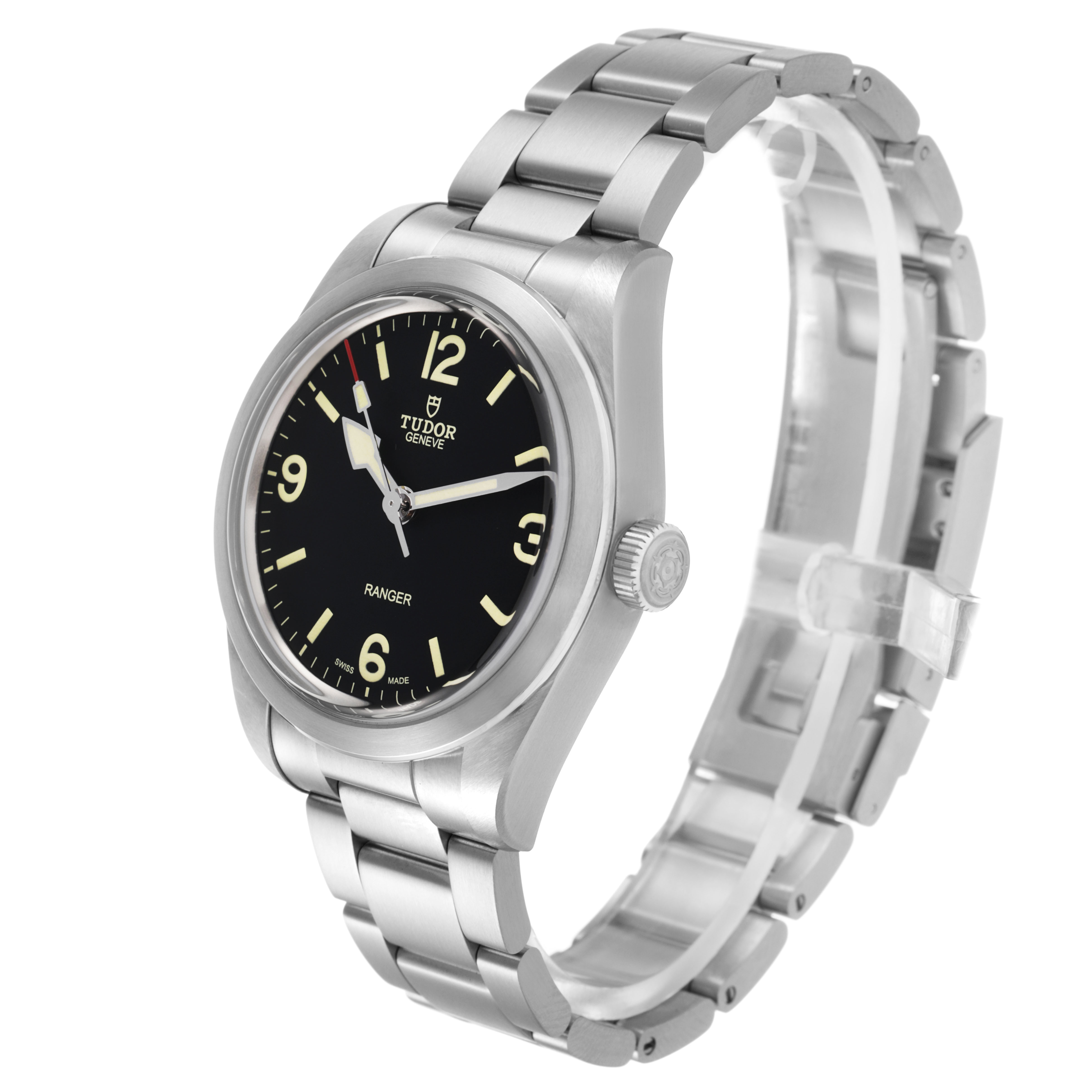 The Tudor Heritage Ranger 79950-0001 Men's Stainless Steel Black Dial watch is shown at a three-quarter angle, highlighting the face, bezel, crown, and bracelet.
