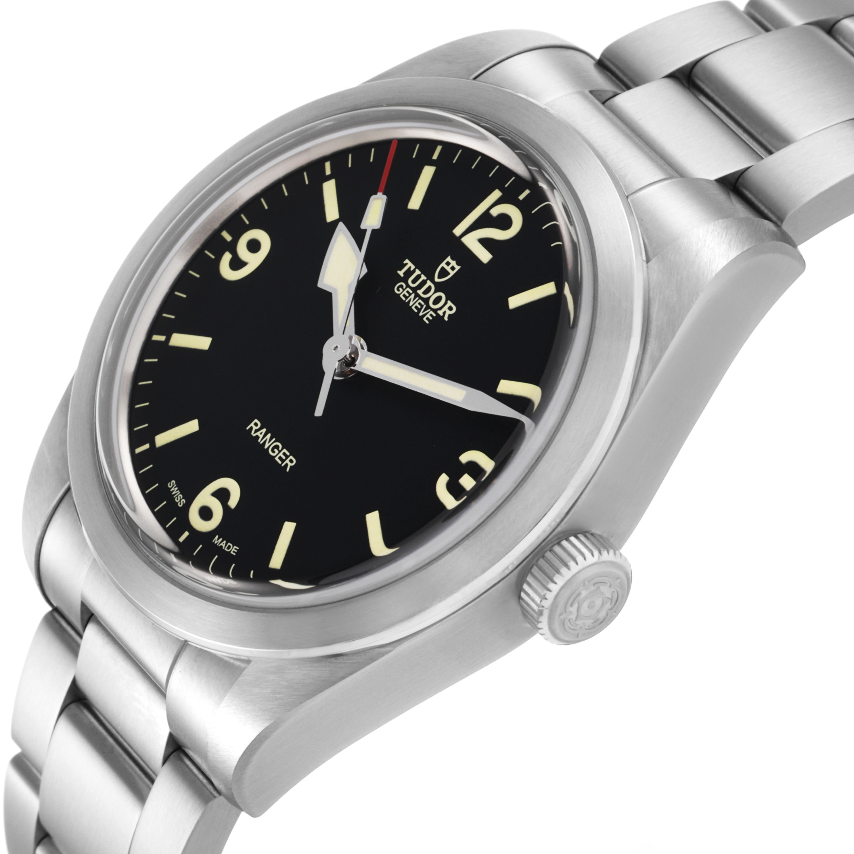 The Tudor Heritage Ranger 79950-0001 Men's Stainless Steel Black Dial watch is shown from a side angle, highlighting the dial, crown, and stainless steel bracelet.