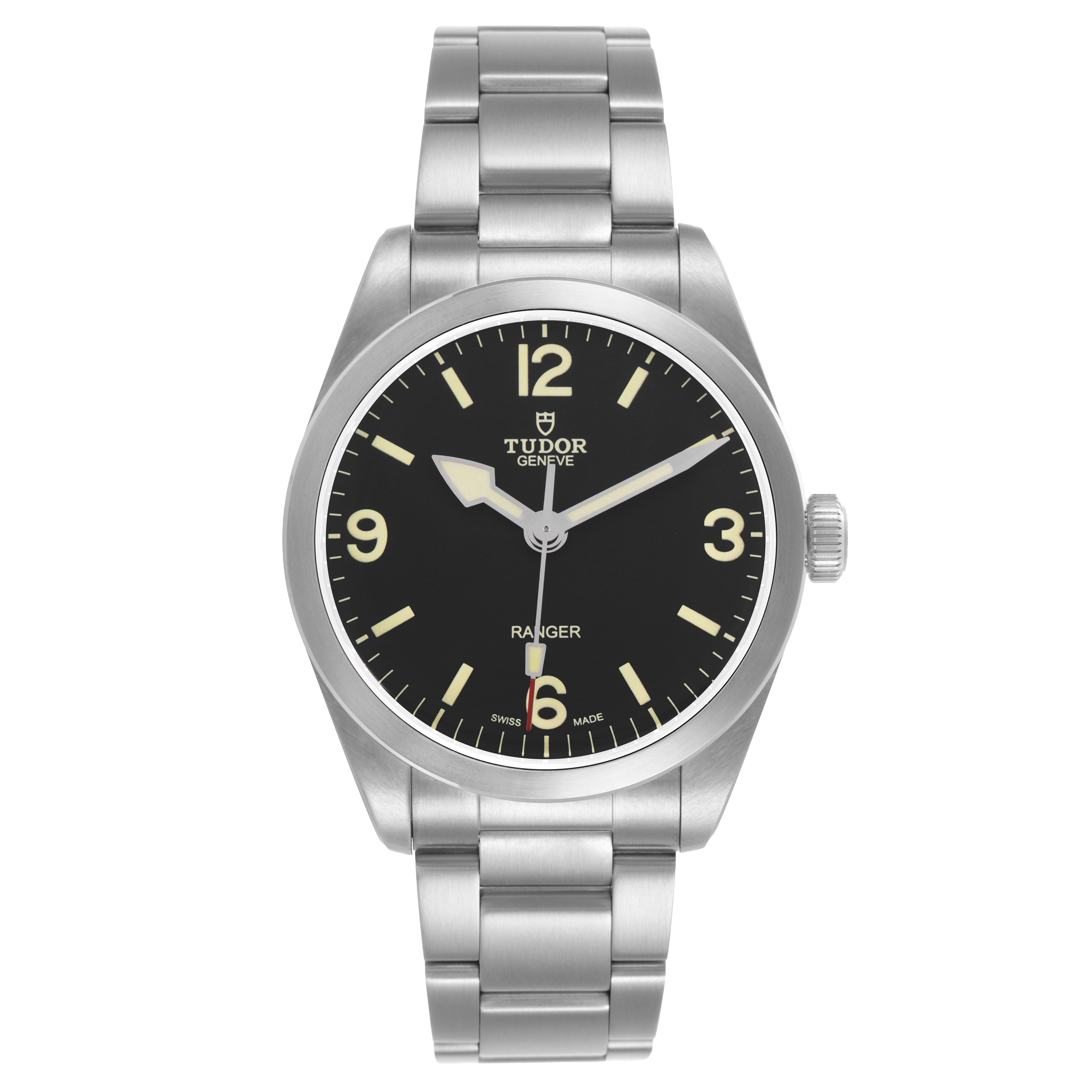 The Tudor Heritage Ranger 79950-0001 Men's Stainless Steel Black Dial watch is shown from the front, displaying the dial, bezel, and metal bracelet.
