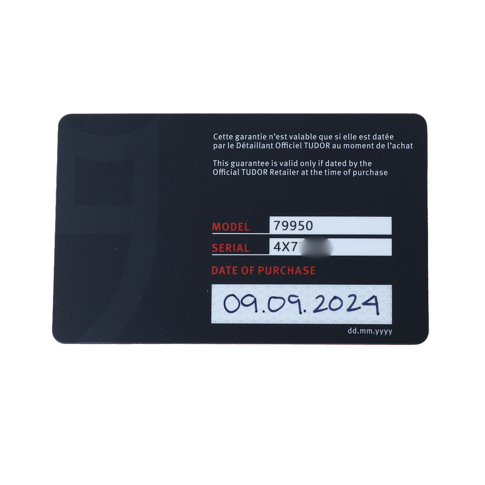 The image shows a warranty card for the Tudor Heritage Ranger 79950-0001 Men's Stainless Steel Black Dial watch model.