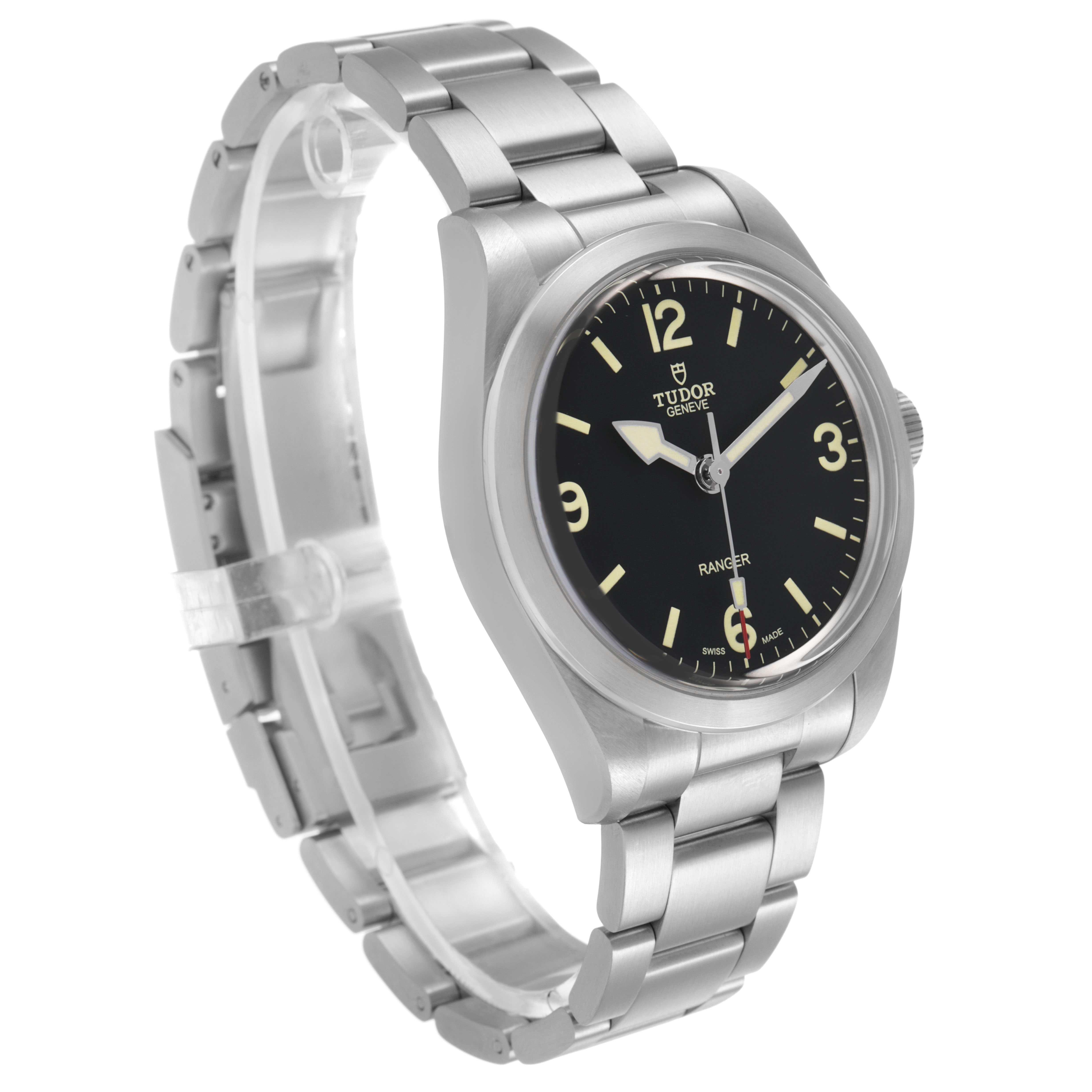 The Tudor Heritage Ranger 79950-0001 Men's Stainless Steel Black Dial watch is shown at a three-quarter angle, displaying its black dial, silver bezel, and bracelet.