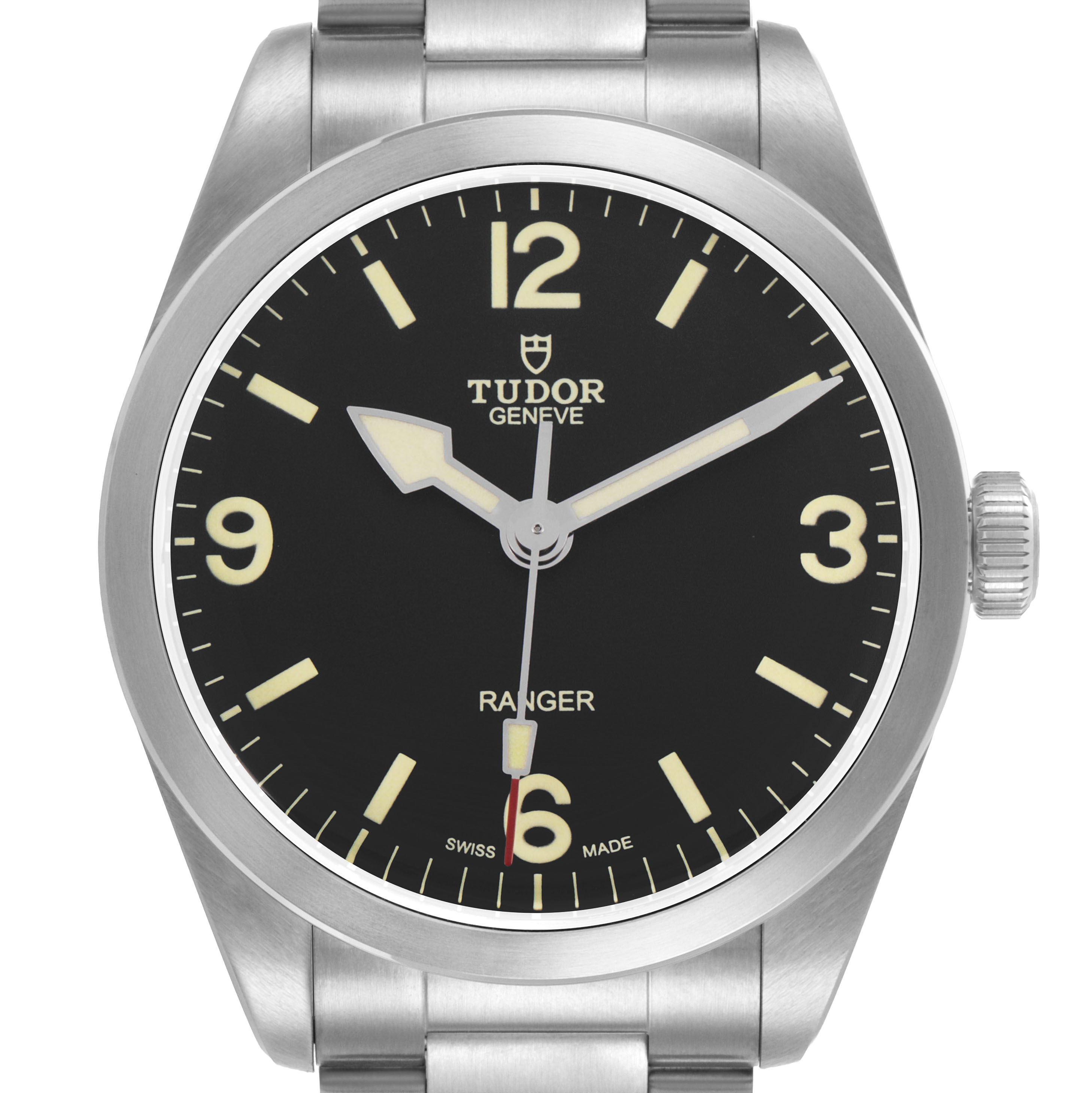 The Tudor Heritage Ranger 79950-0001 Men's Stainless Steel Black Dial watch is shown from the front, highlighting its dial, hands, bezel, crown, and part of the bracelet.
