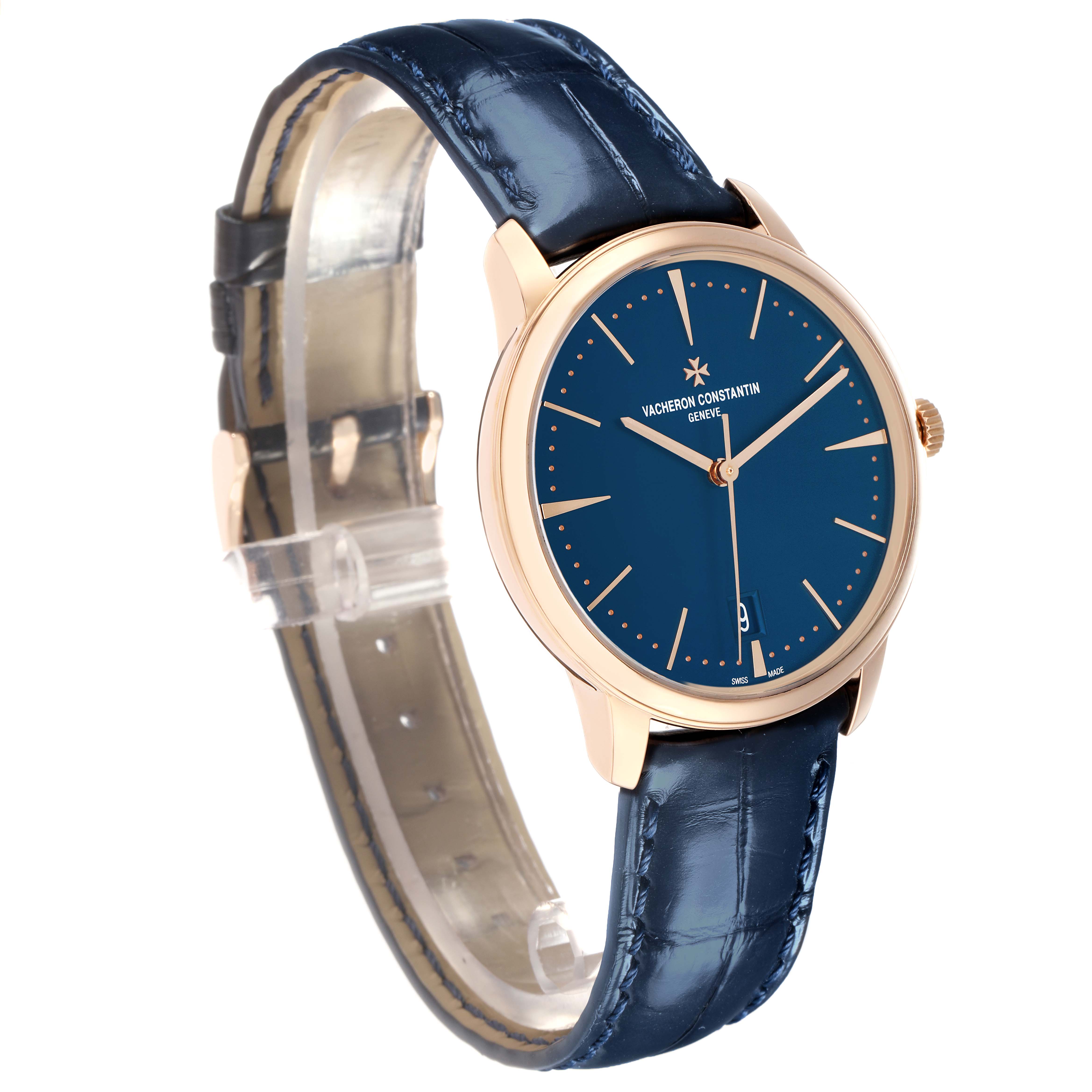The Vacheron Constantin Patrimony 4100U Men
s Rose Gold Blue Dial watch is shown at a three-quarter angle, displaying the blue dial, gold case, and leather strap.