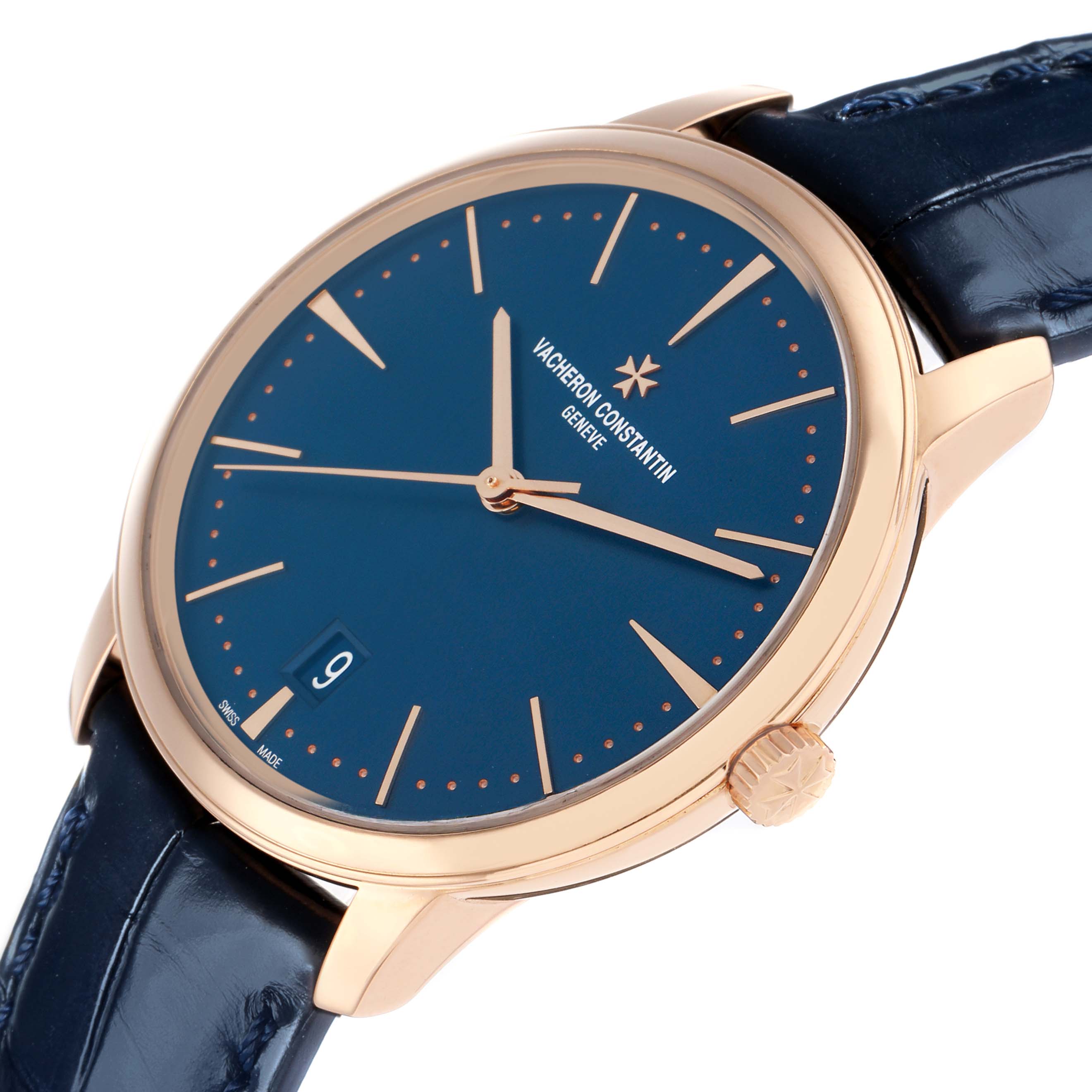 The Vacheron Constantin Patrimony 4100U Men
s Rose Gold Blue Dial watch is shown at an angled side view, displaying the face, bezel, and crown.