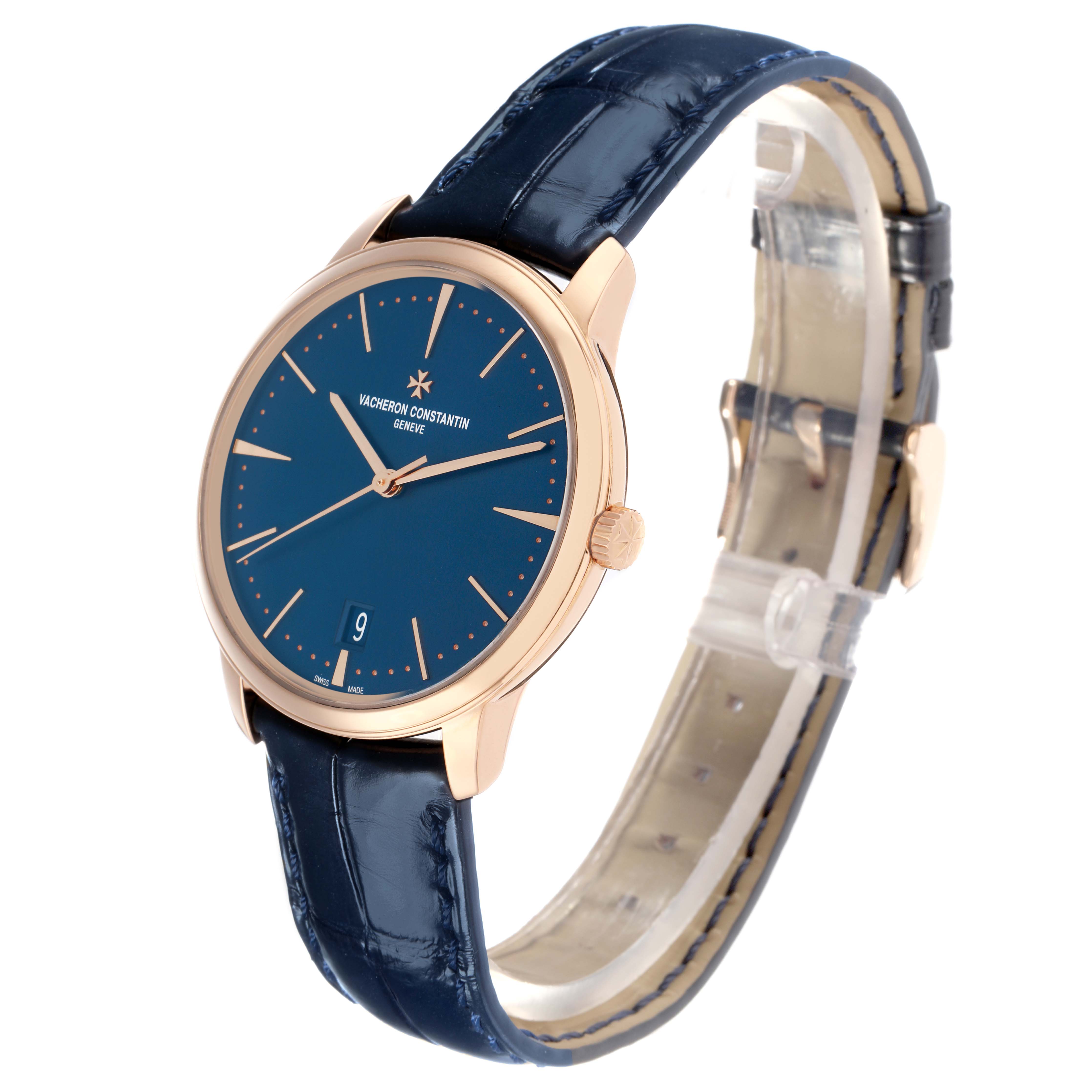 The Vacheron Constantin Patrimony 4100U Men
s Rose Gold Blue Dial watch is shown at an angled side view, featuring the face, strap, crown, and hands.