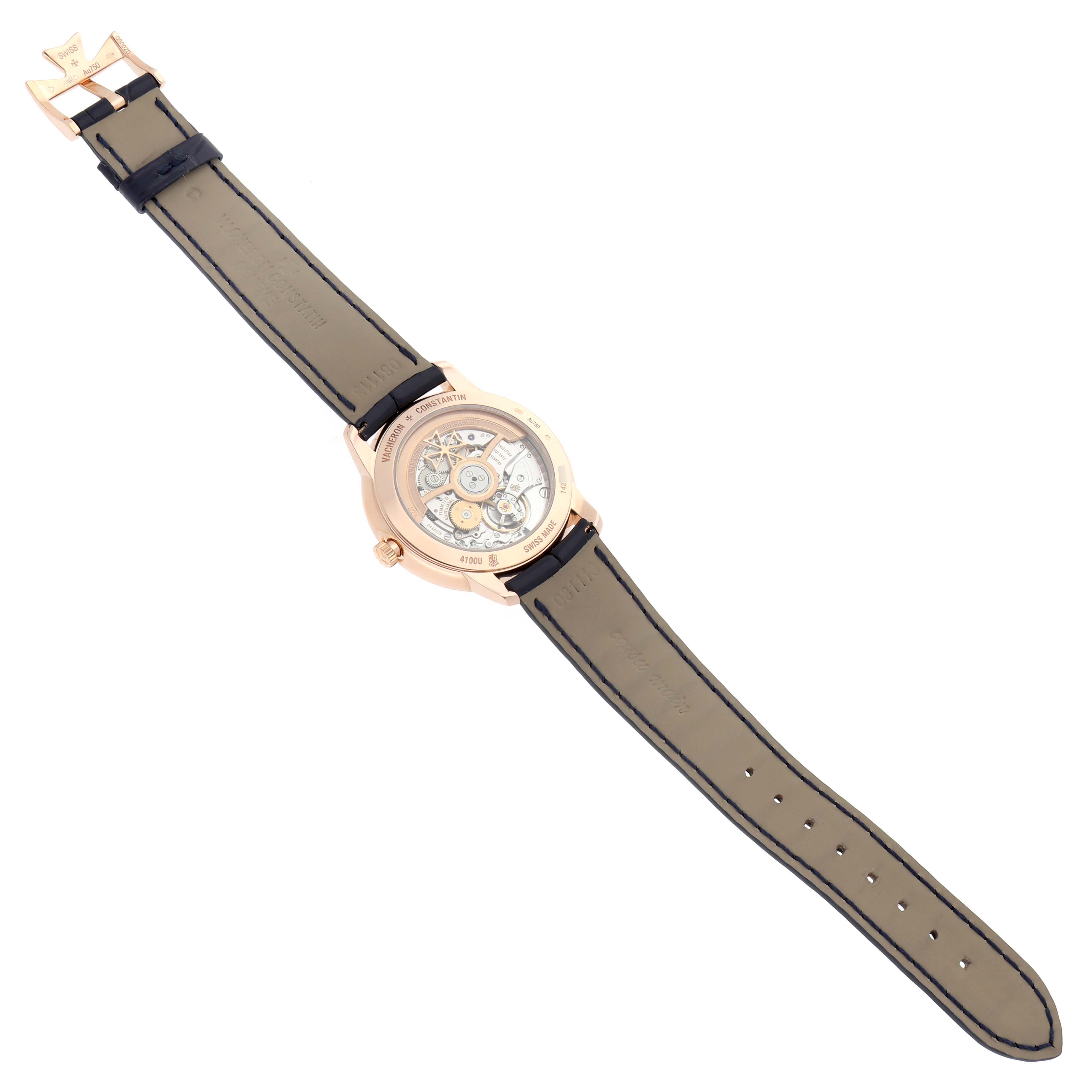 The Vacheron Constantin Patrimony 4100U Men
s Rose Gold Blue Dial watch is shown from the back, revealing its movement and the full length of its strap.