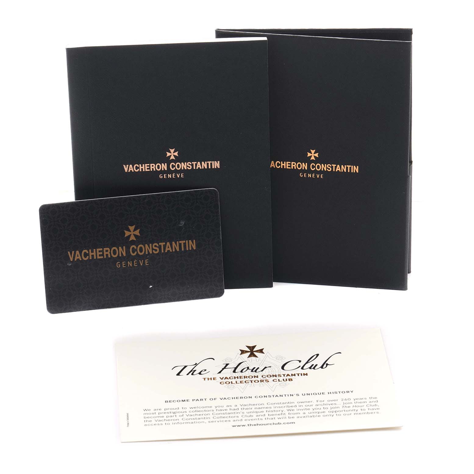 The image shows Vacheron Constantin Patrimony 4100U Men
s Rose Gold Blue Dial model watch accessories, including a card, booklet, and documentation.