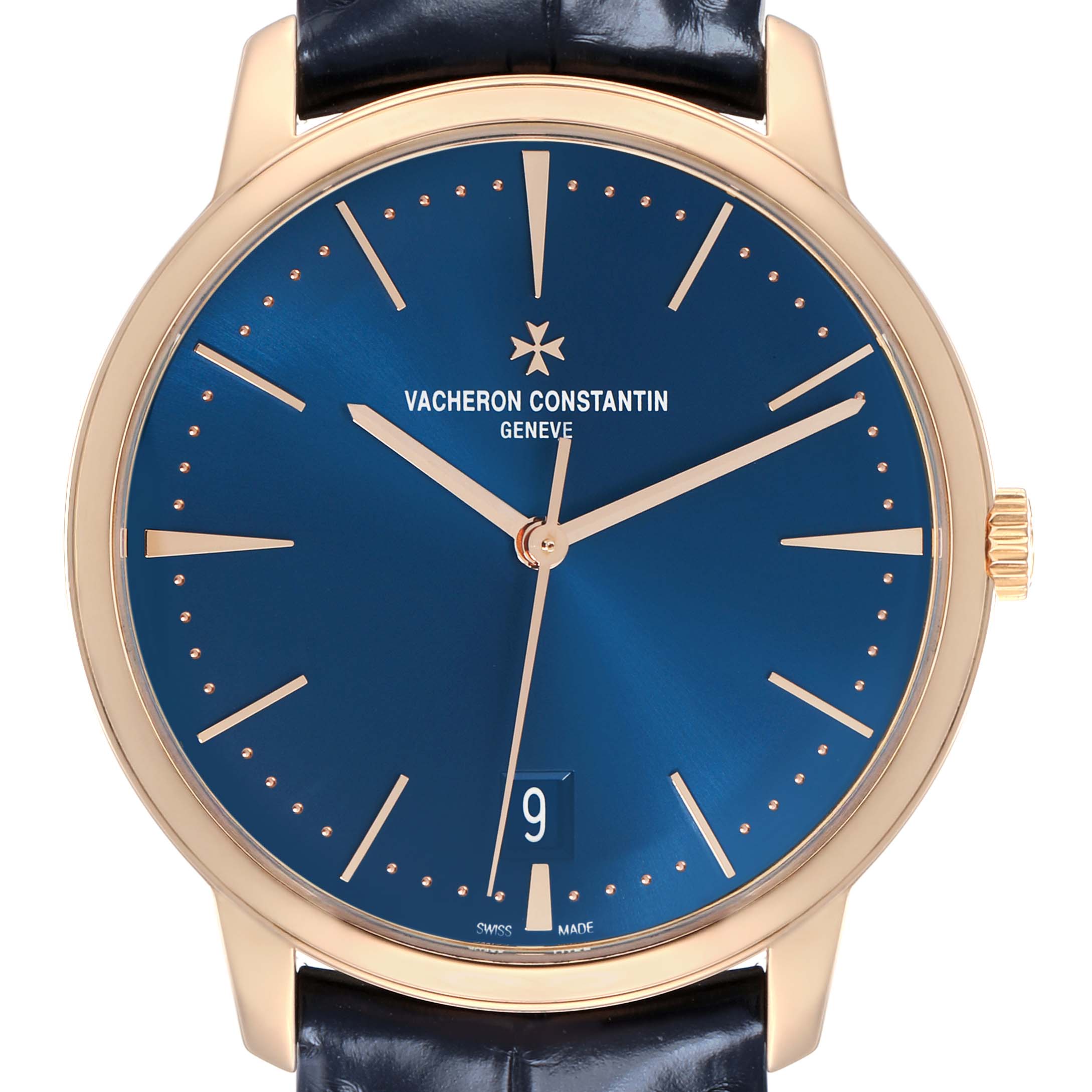 The Vacheron Constantin Patrimony 4100U Men
s Rose Gold Blue Dial watch is shown from the front, highlighting its blue dial, gold case, and date window.