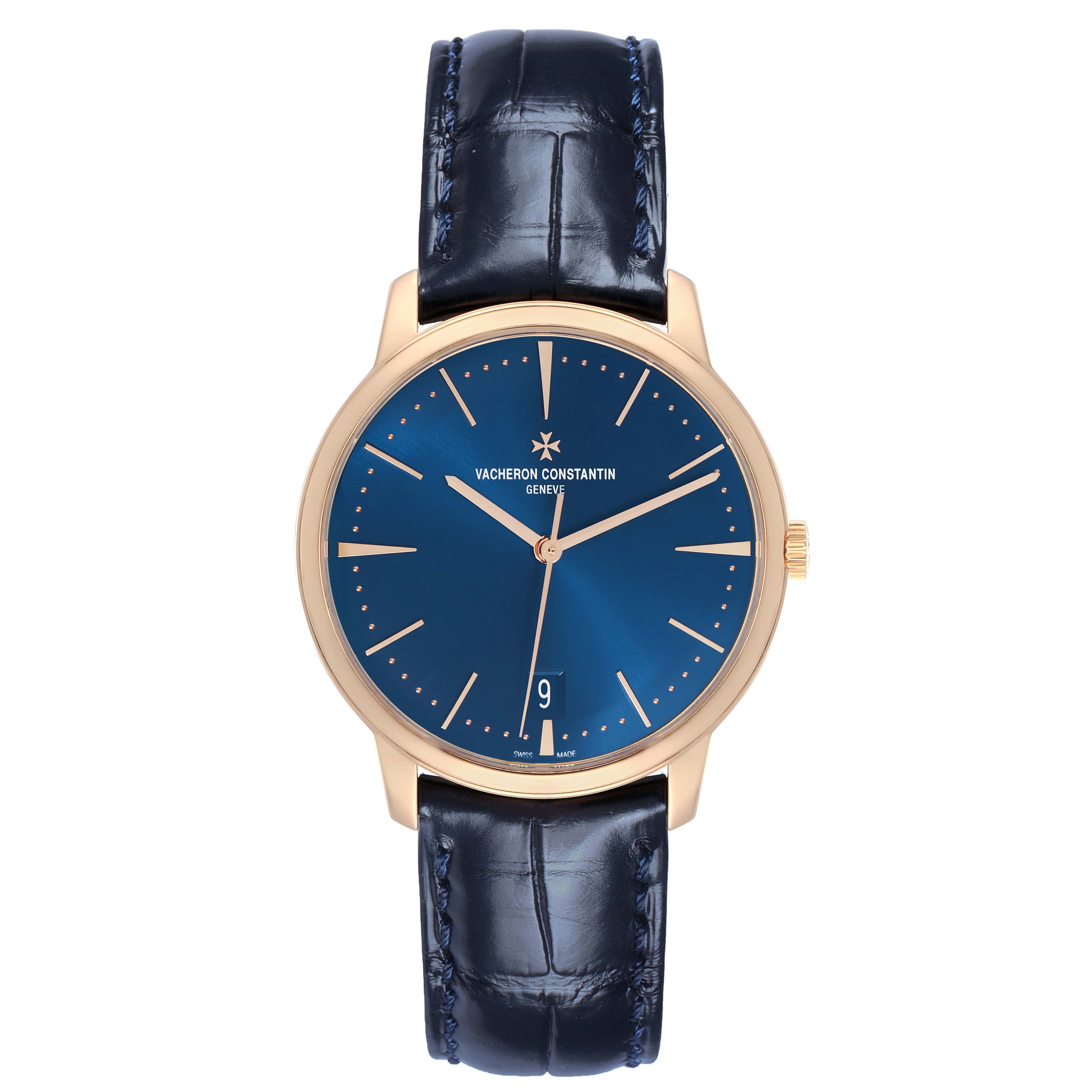 The Vacheron Constantin Patrimony 4100U Men
s Rose Gold Blue Dial watch is shown from a top view, displaying its blue dial, hands, markers, and dark strap.
