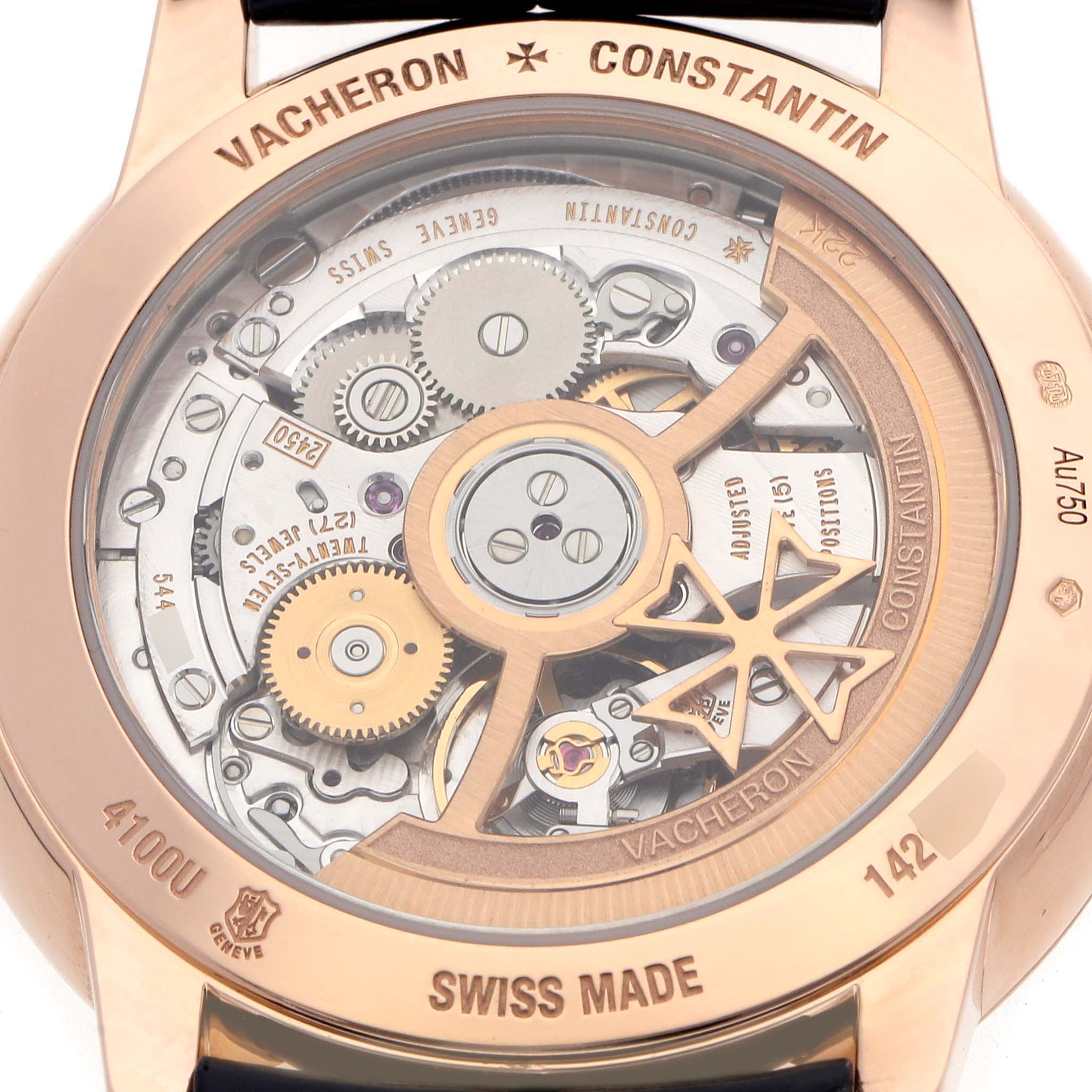 The image shows the back of a Vacheron Constantin Patrimony 4100U Men
s Rose Gold Blue Dial watch, highlighting its intricate mechanical movement.