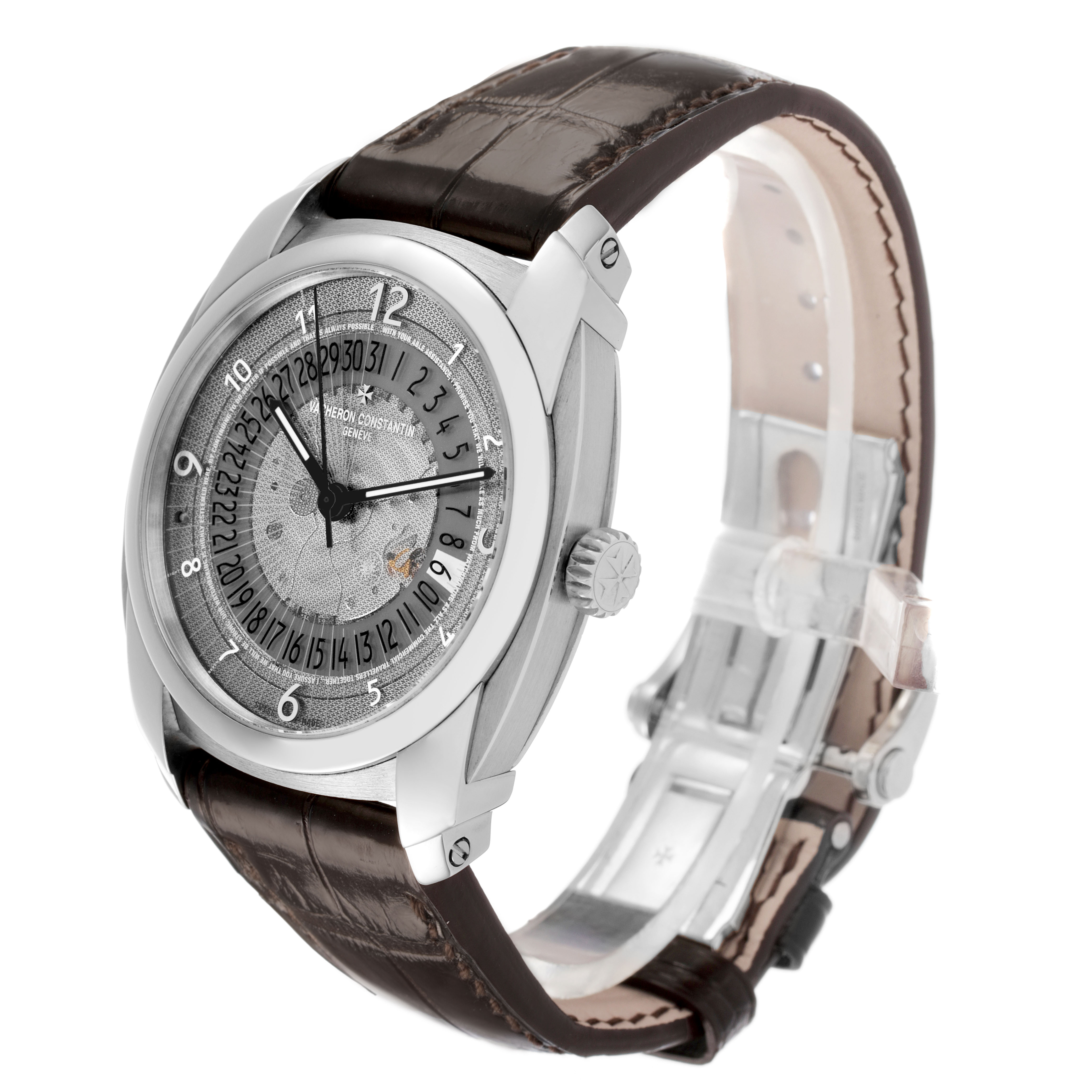 The Vacheron Constantin Quai de Lile 86050/000T-9343 Men's Titanium Grey Dial watch is shown at a three-quarter angle, highlighting the dial, crown, and leather strap.