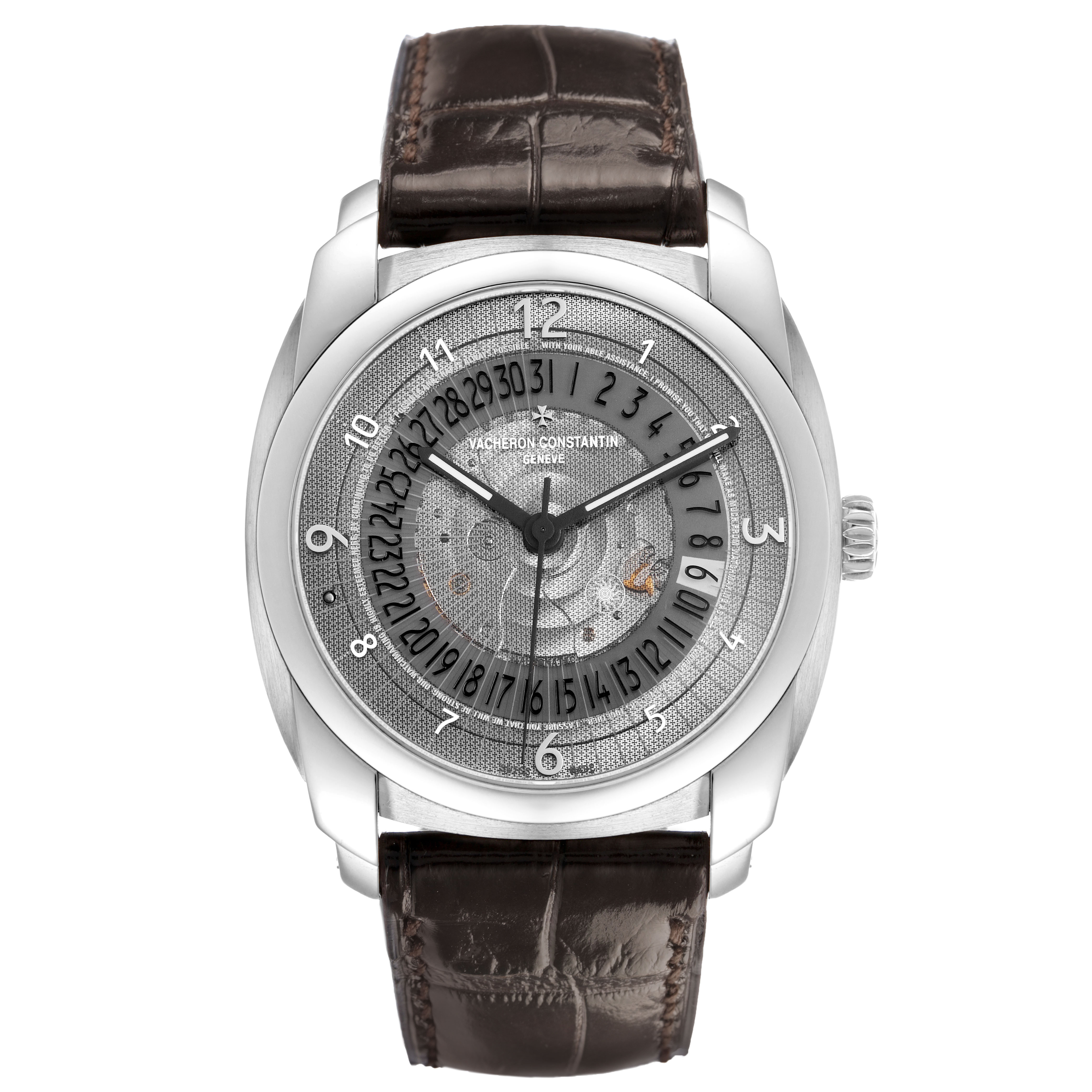 The Vacheron Constantin Quai de L'Ile watch is shown from a top-down angle, highlighting its face and brown leather strap.