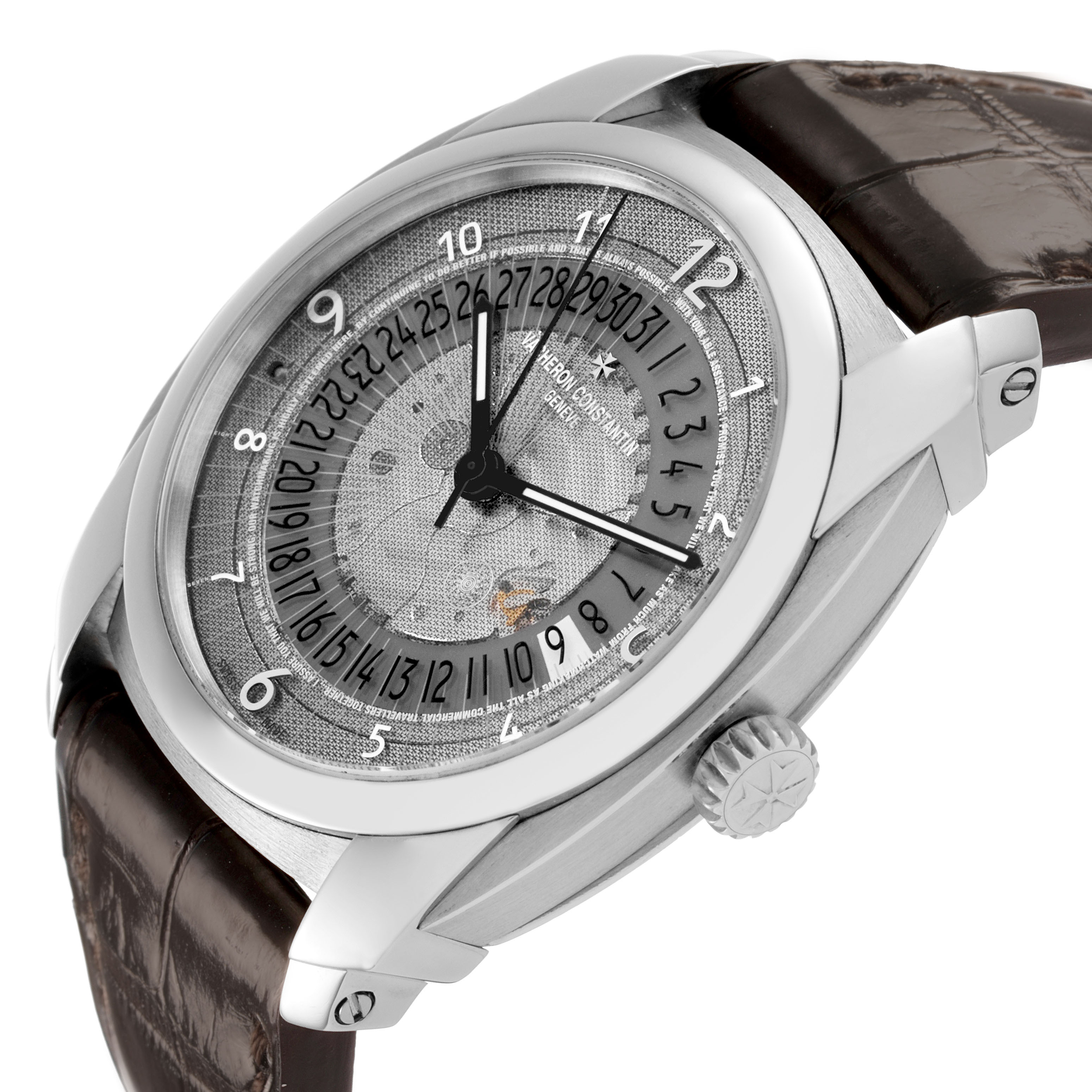 The Vacheron Constantin Quai de l'Ile watch is shown from an angled side view, highlighting its dial, case, crown, and leather strap.