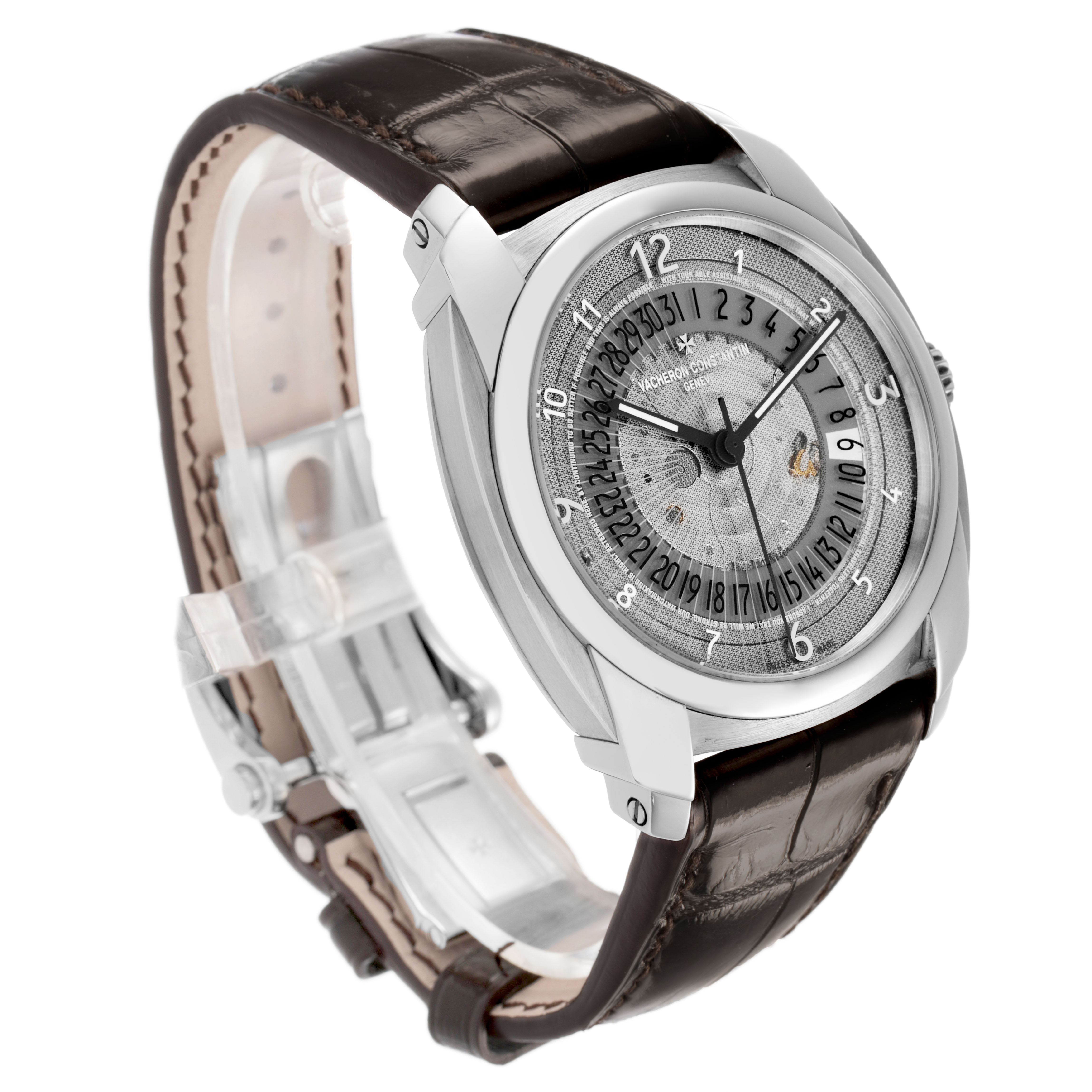 The Vacheron Constantin Quai de l'Ile watch is shown from a three-quarter angle, highlighting its dial, case, and strap.