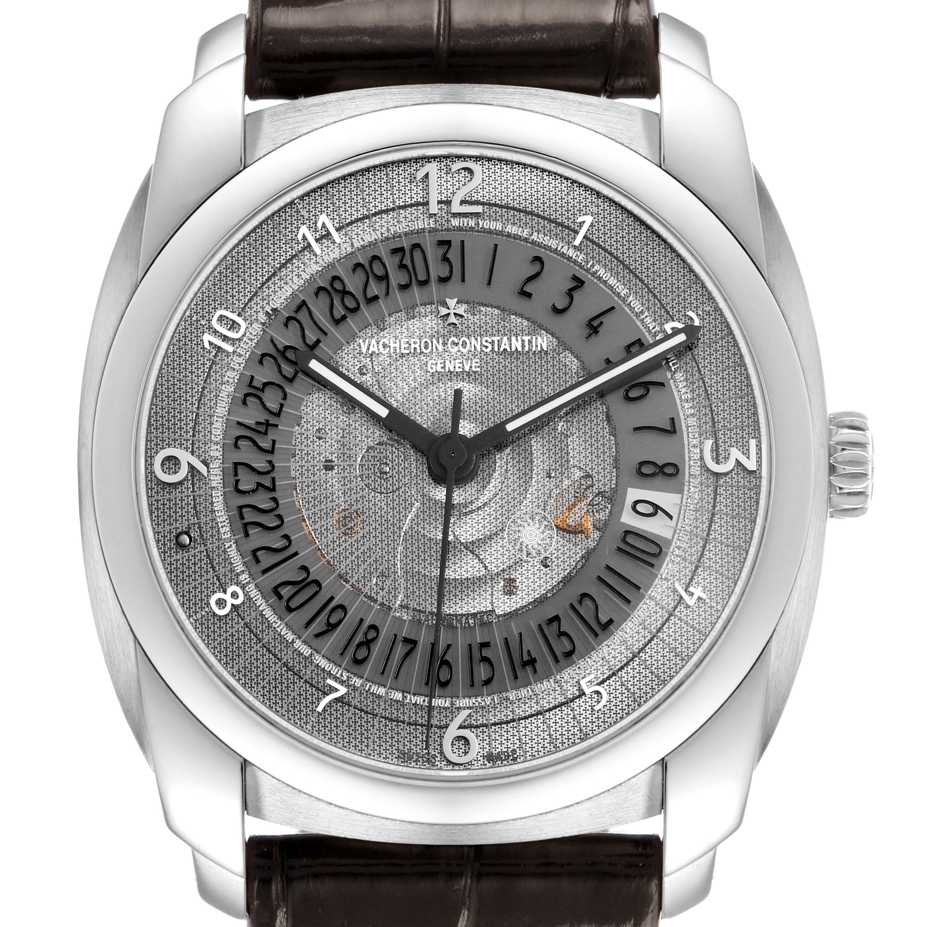The Vacheron Constantin Quai de l'Ile watch is shown from a top-down angle, highlighting its dial, case, and crown.