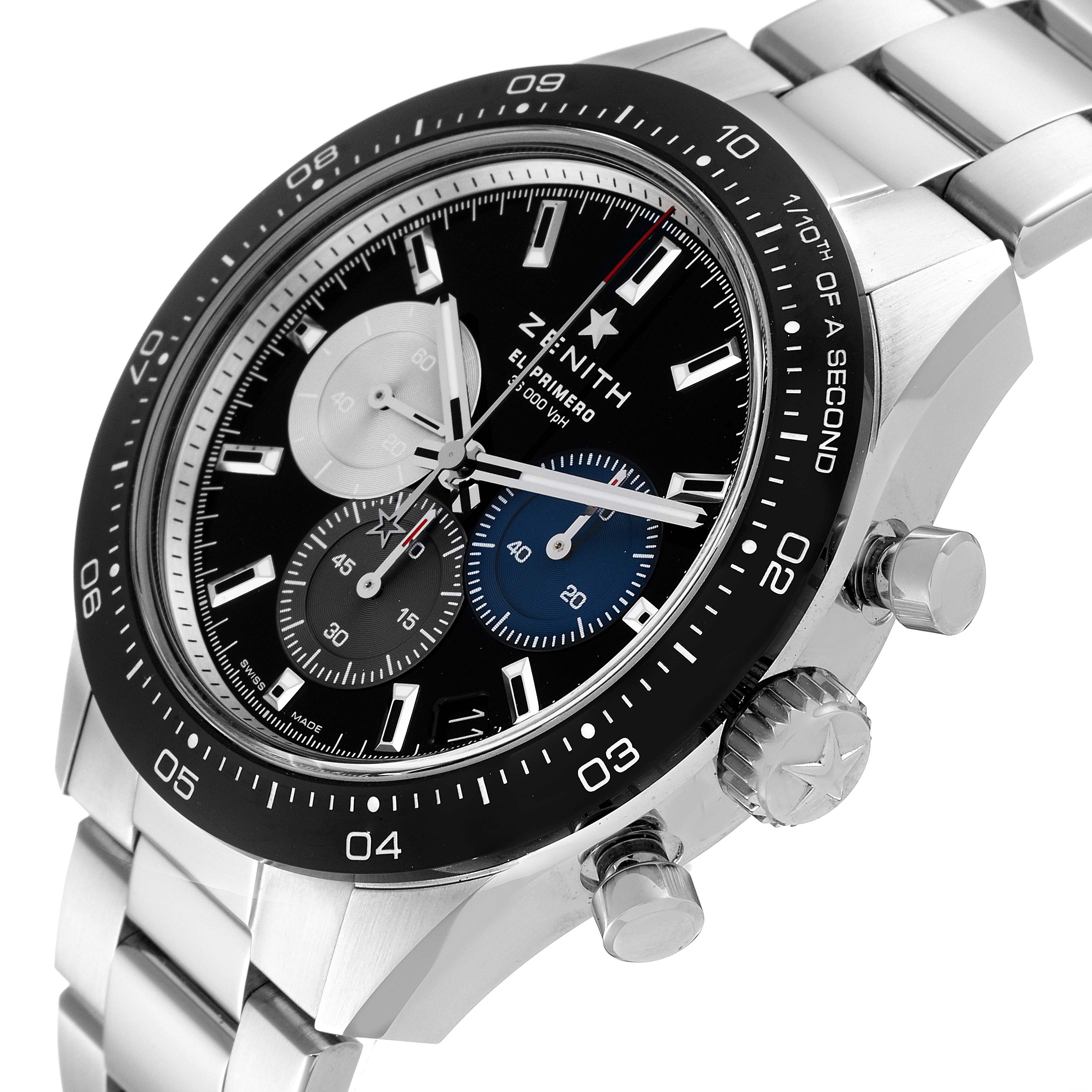 The image shows a close-up side angle of the Zenith Chronomaster 03.3100.3600/21.M3100 Men's Stainless Steel Black Dial 03.3100.3600/21.M3100 Men's Stainless Steel Black Dial watch, highlighting the dials, bezel, and push buttons.