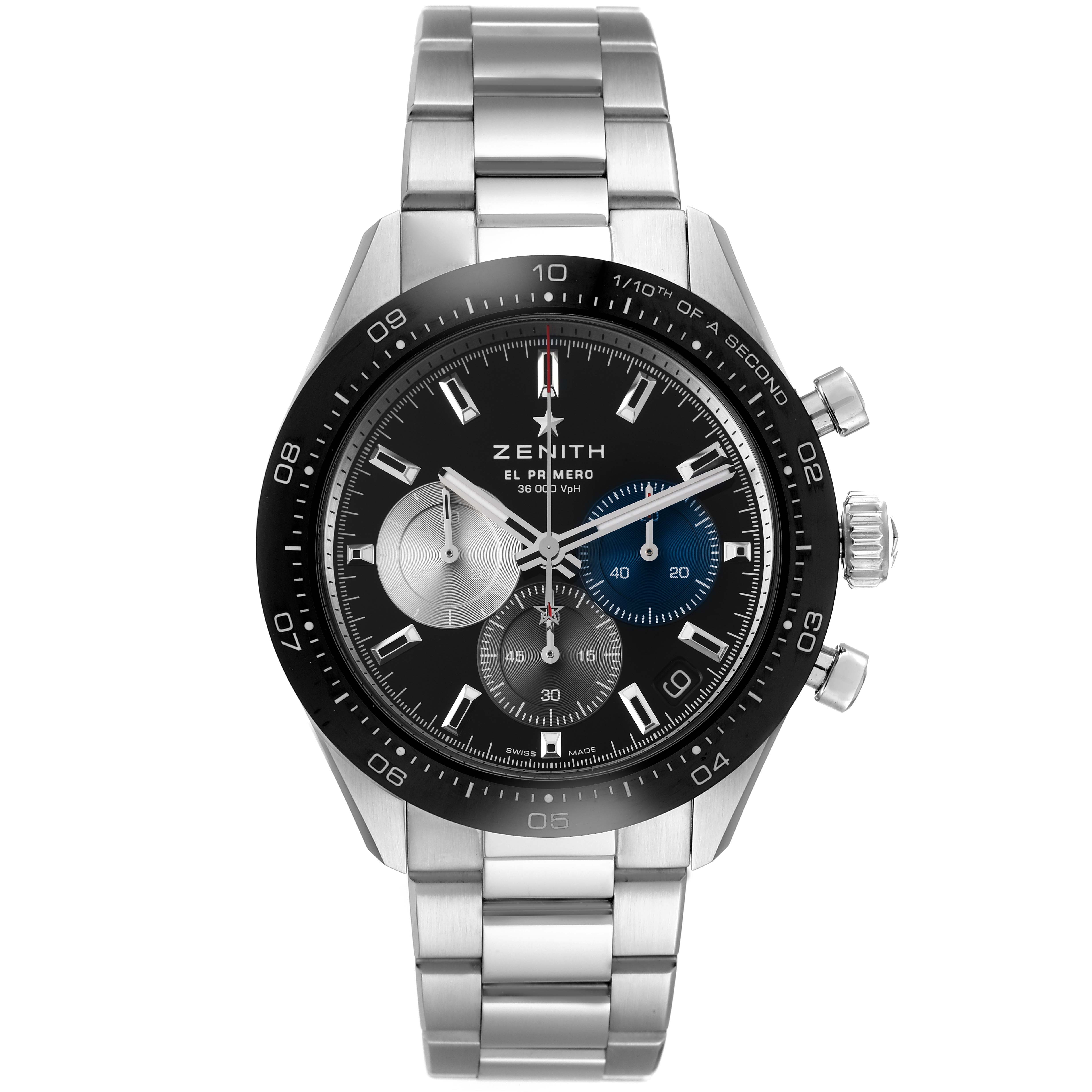 The image shows a front view of the Zenith Chronomaster 03.3100.3600/21.M3100 Men's Stainless Steel Black Dial 03.3100.3600/21.M3100 Men's Stainless Steel Black Dial watch, displaying the dial, bezel, and bracelet.