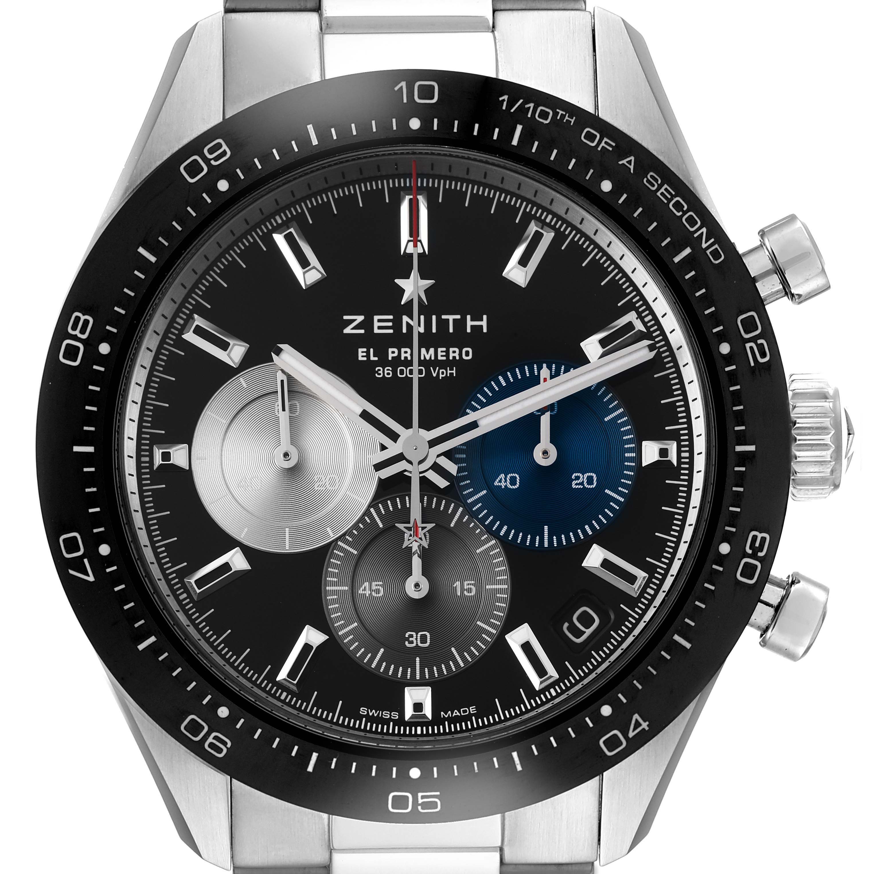 The image shows a front view of the Zenith Chronomaster 03.3100.3600/21.M3100 Men's Stainless Steel Black Dial 03.3100.3600/21.M3100 Men's Stainless Steel Black Dial model watch face, including its bezel, subdials, and stainless steel bracelet.