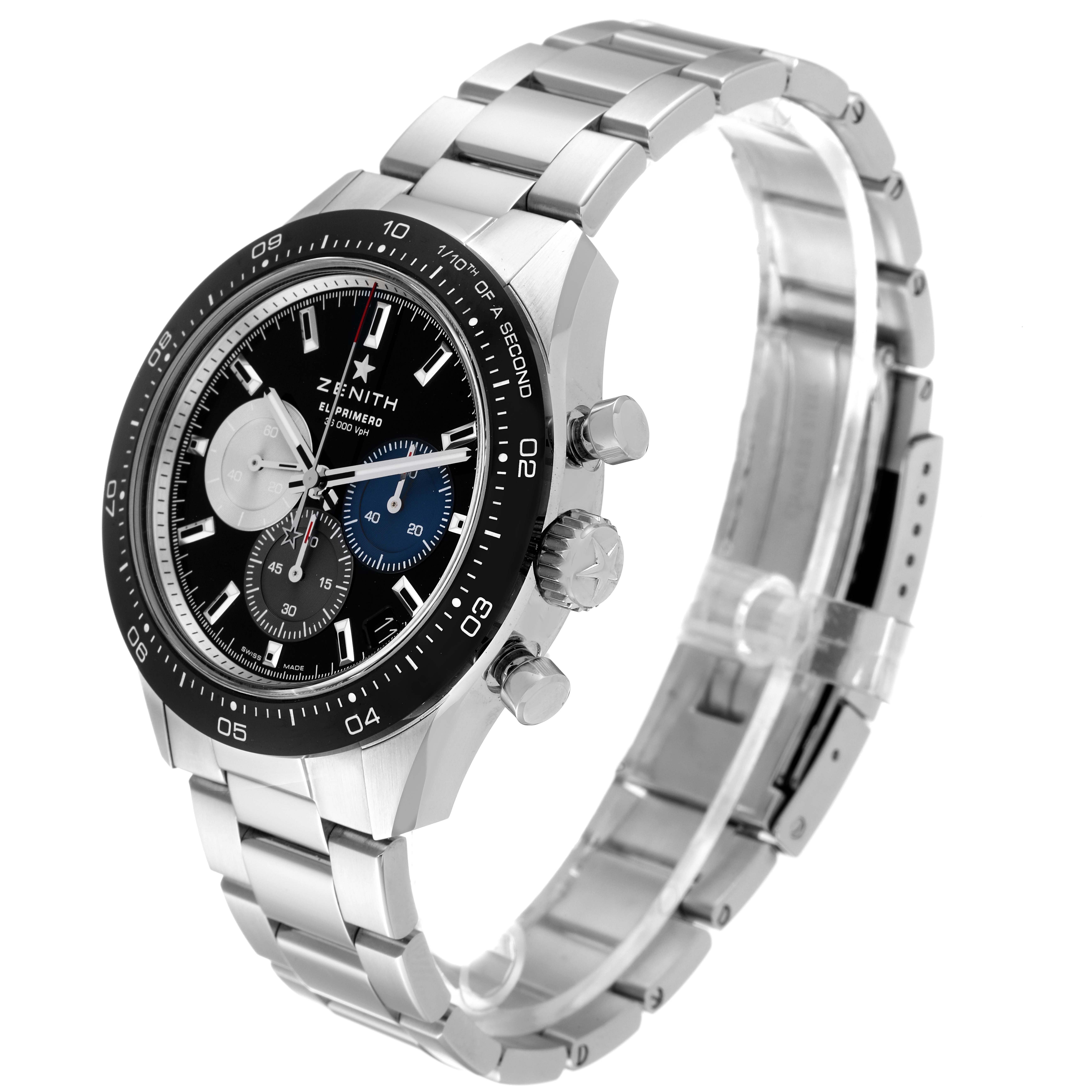 The image shows a side angle of the Zenith Chronomaster 03.3100.3600/21.M3100 Men's Stainless Steel Black Dial 03.3100.3600/21.M3100 Men's Stainless Steel Black Dial watch, highlighting its bezel, pushers, crown, and bracelet.