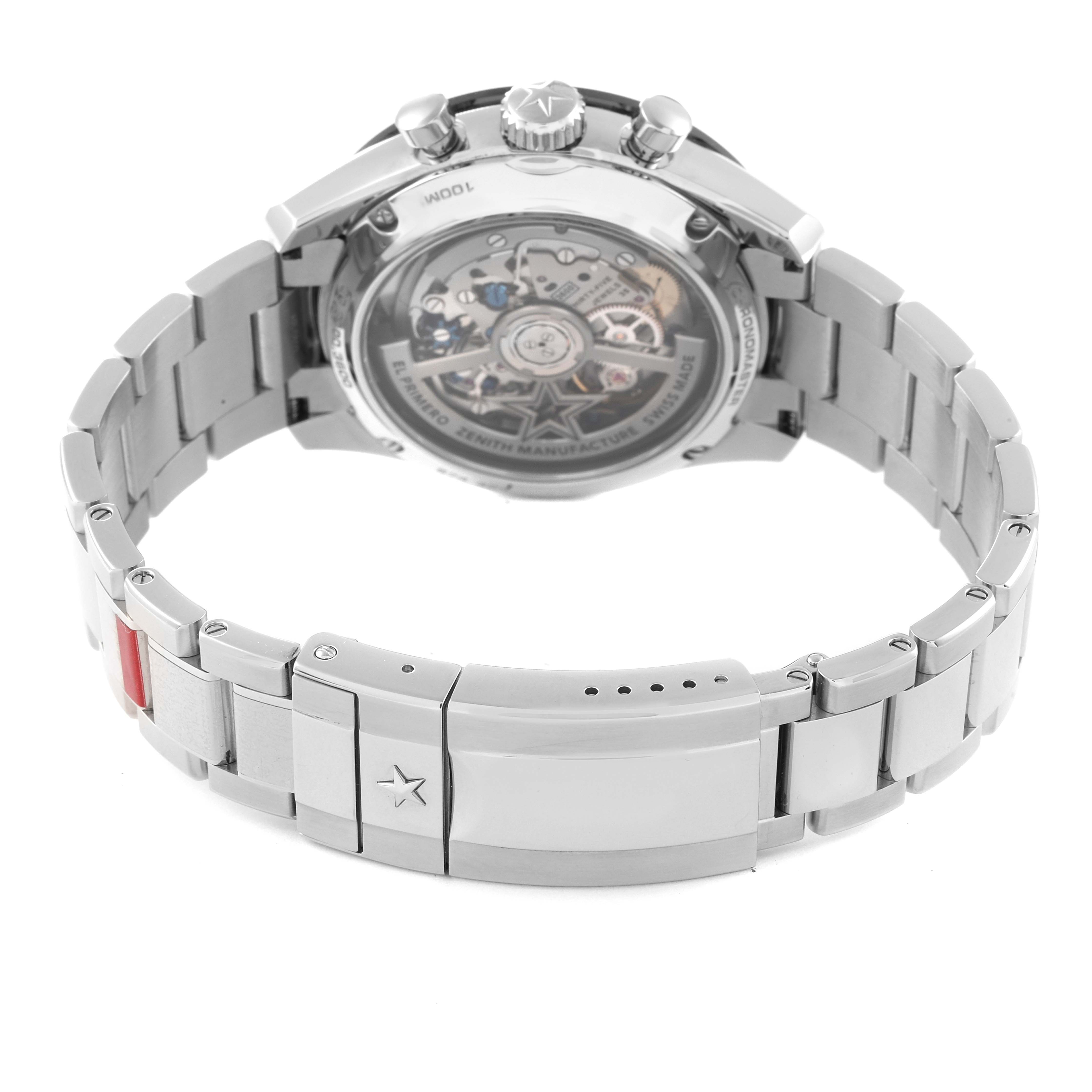 The image shows the back angle of the Zenith Chronomaster 03.3100.3600/21.M3100 Men's Stainless Steel Black Dial 03.3100.3600/21.M3100 Men's Stainless Steel Black Dial watch, highlighting the open case back and metal bracelet.