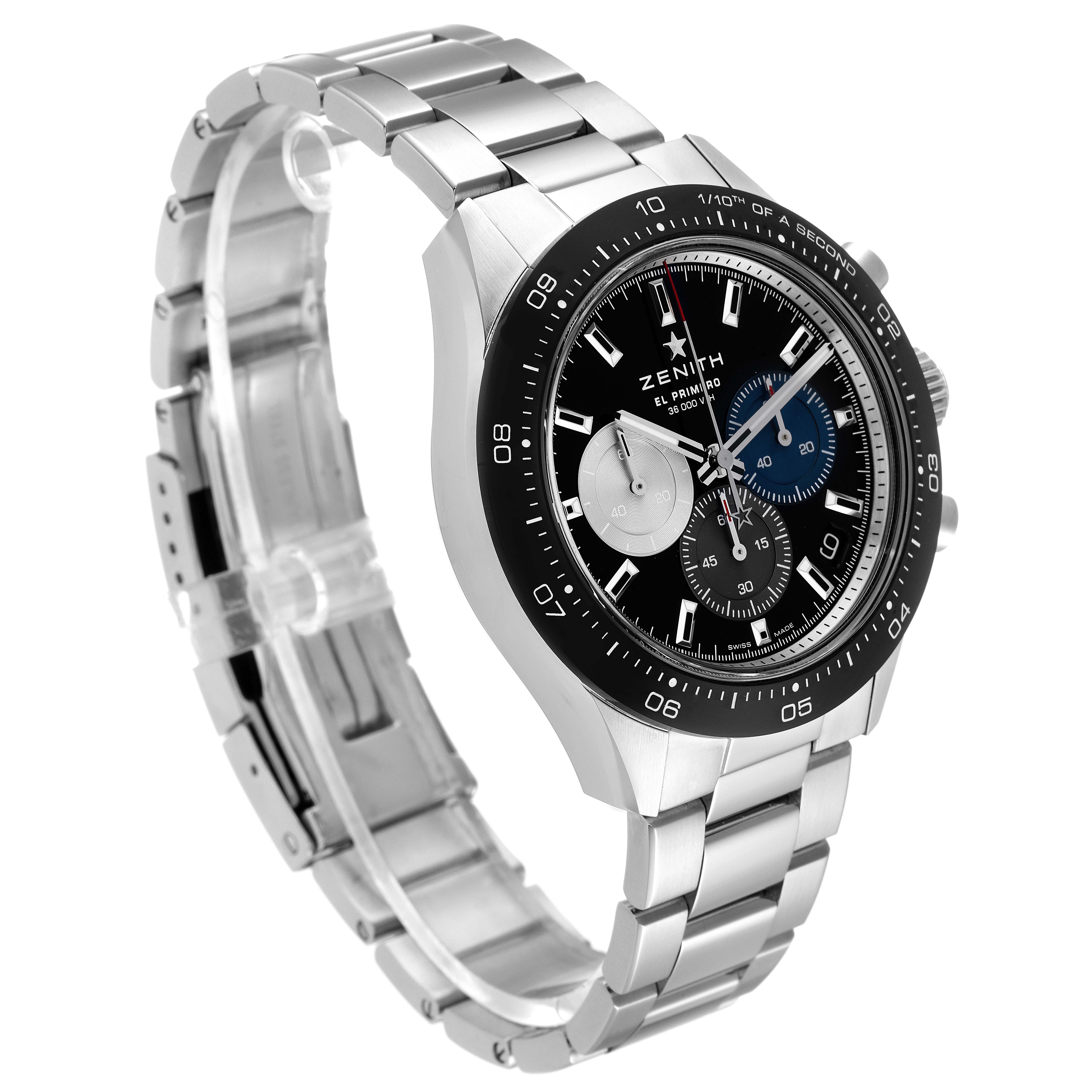 The image shows a Zenith Chronomaster 03.3100.3600/21.M3100 Men's Stainless Steel Black Dial 03.3100.3600/21.M3100 Men's Stainless Steel Black Dial watch at a three-quarter angle, highlighting the bracelet, bezel, and chronograph dial.