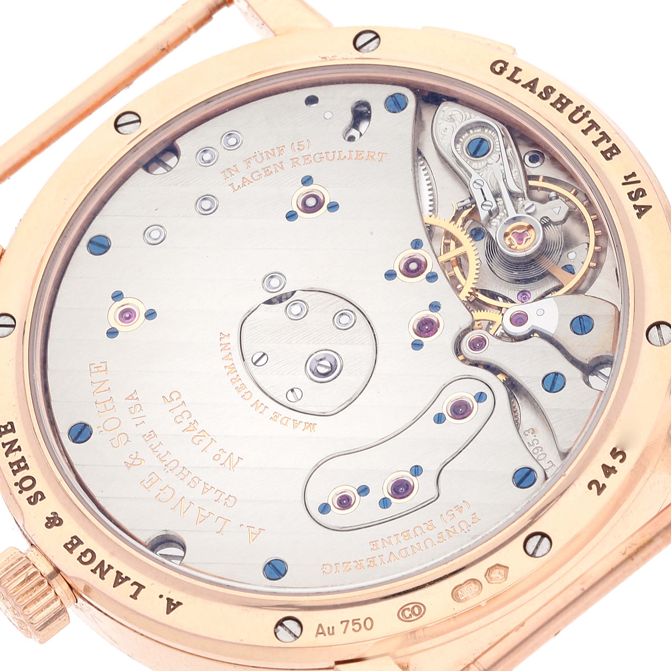 This image shows the caseback of the Lange 1 model by A. Lange & Söhne, displaying its intricate movement mechanics.