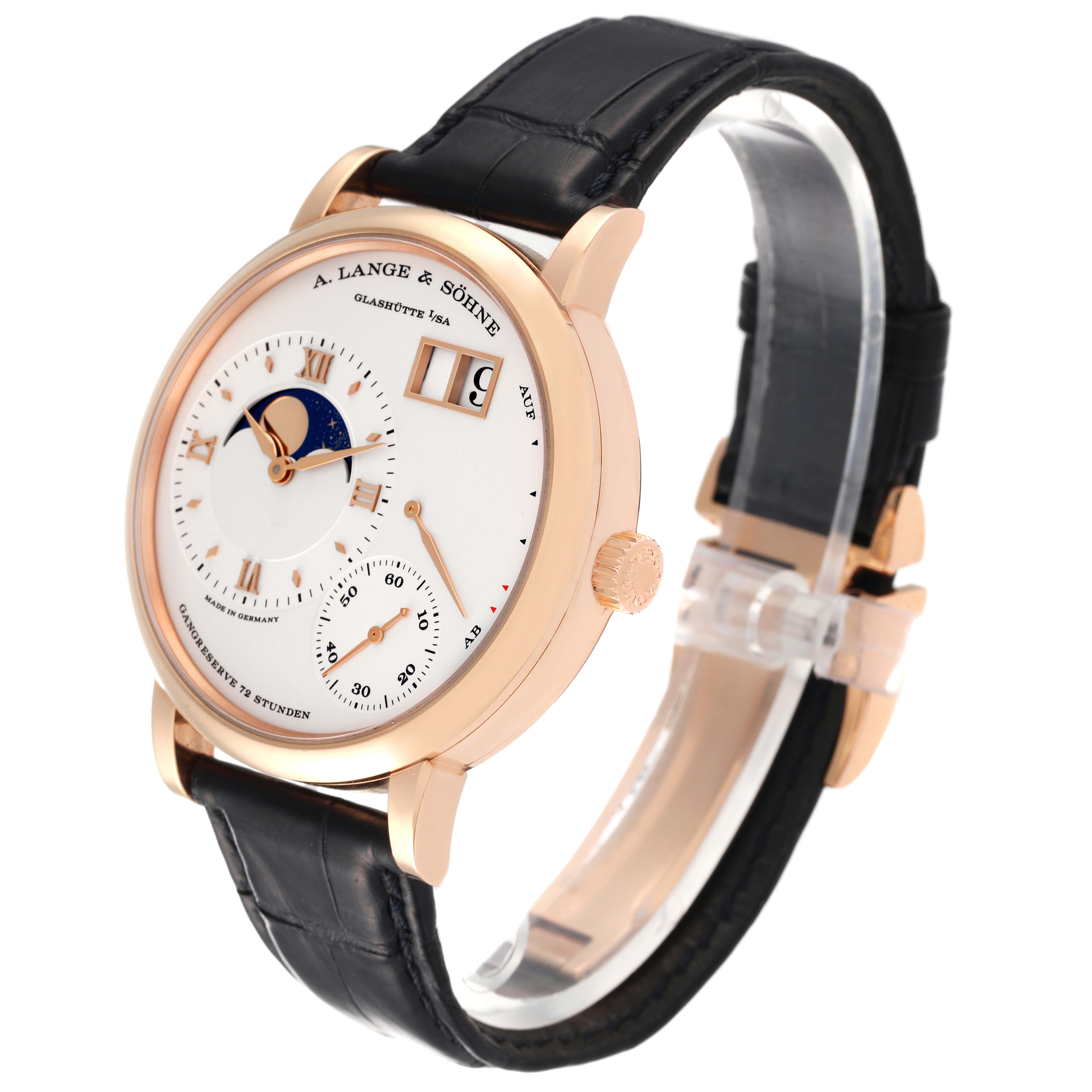 The image shows a side angle view of the A. Lange & Sohne Lange 1 139.032 Men's Rose Gold Silver Dial watch, highlighting its dial, strap, and casing.