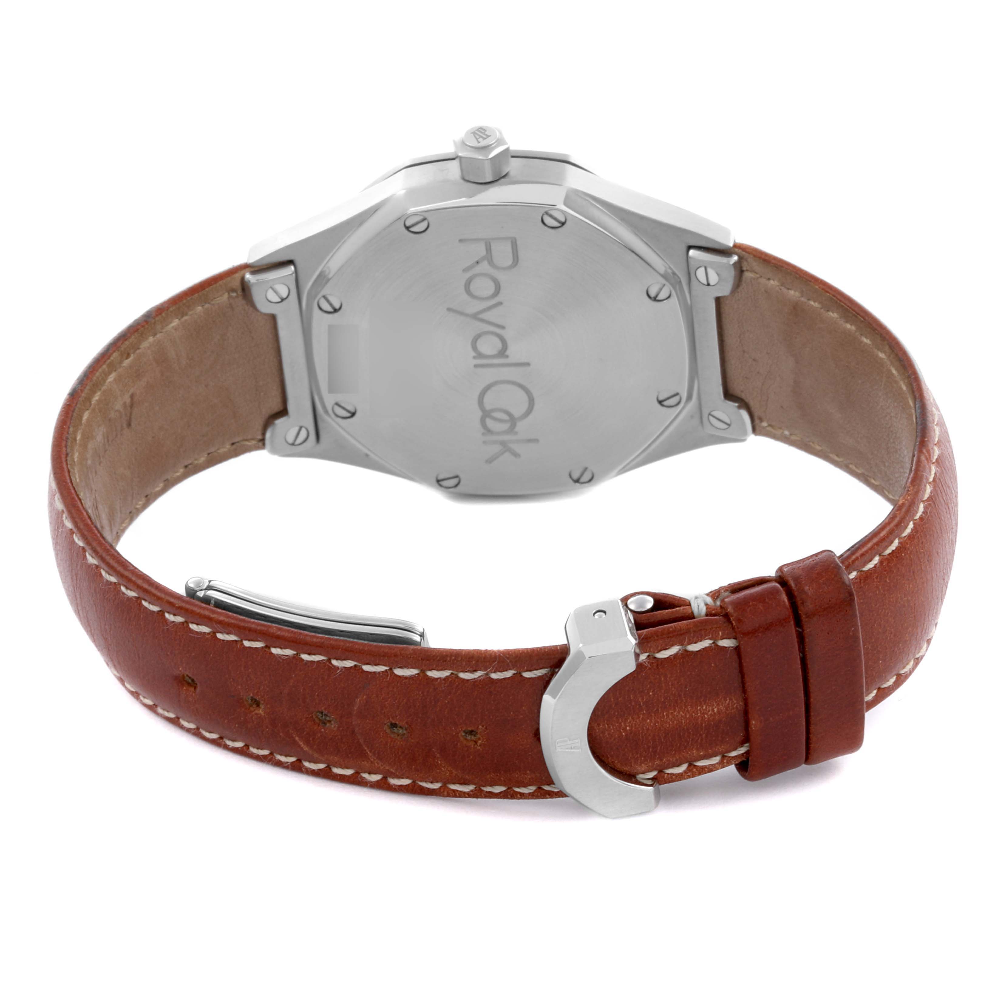 The image shows the back of an Audemars Piguet Royal Oak 14800ST Men's Stainless Steel Black Dial 14800ST Men's Stainless Steel Black Dial watch, highlighting the case back and brown leather strap.